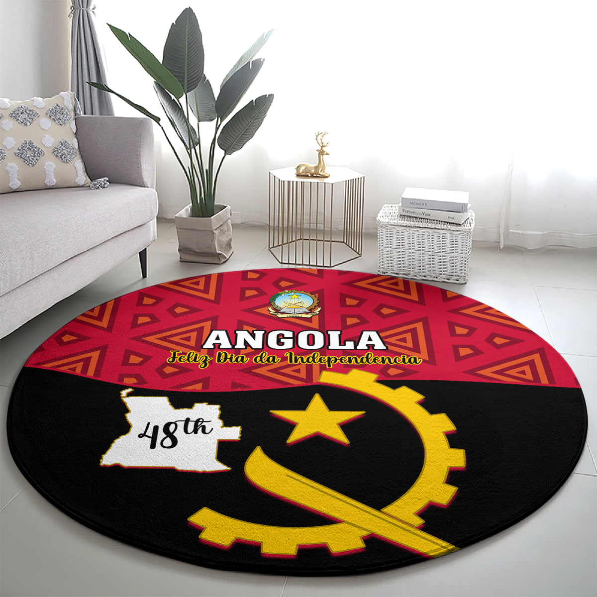 personalised-angola-independence-day-round-carpet-angolan-samakaka-with-giant-sable-antelope