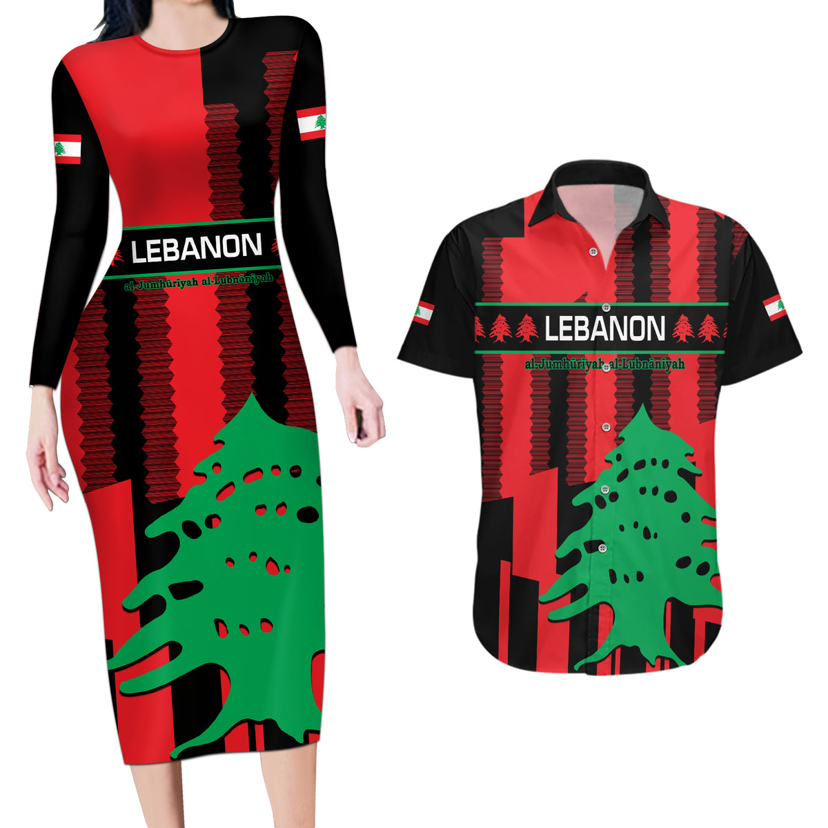 Personalised Lebanon Independence Day Couples Matching Long Sleeve Bodycon Dress and Hawaiian Shirt Lebanese Cedar 80 Years Of Anniversary - Wonder Print Shop