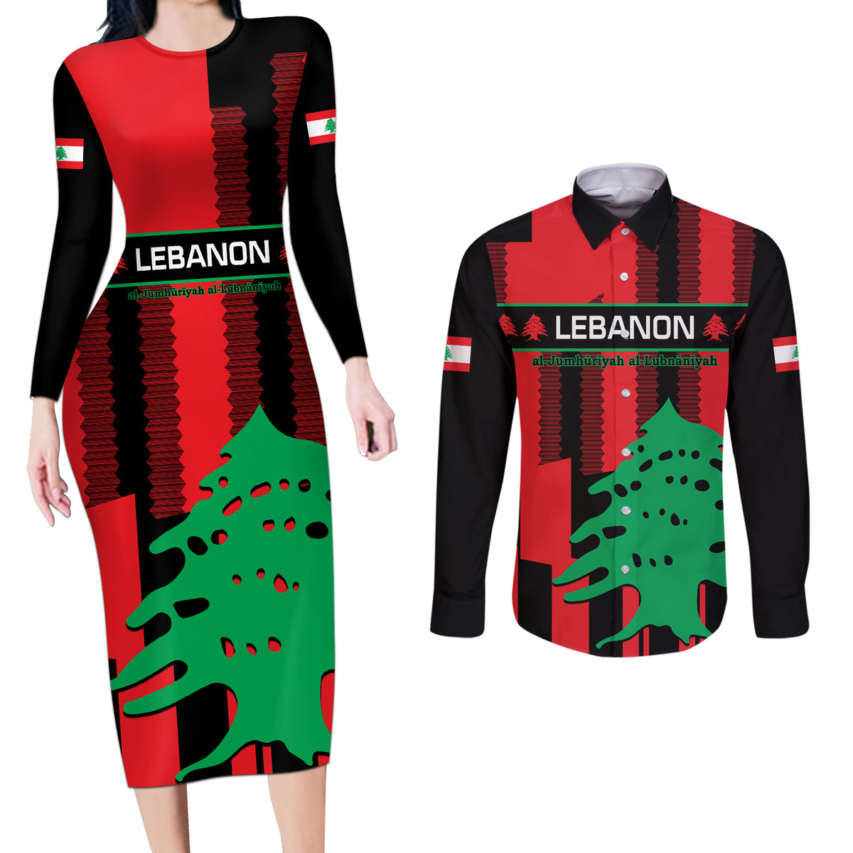 Personalised Lebanon Independence Day Couples Matching Long Sleeve Bodycon Dress and Long Sleeve Button Shirts Lebanese Cedar 80 Years Of Anniversary - Wonder Print Shop