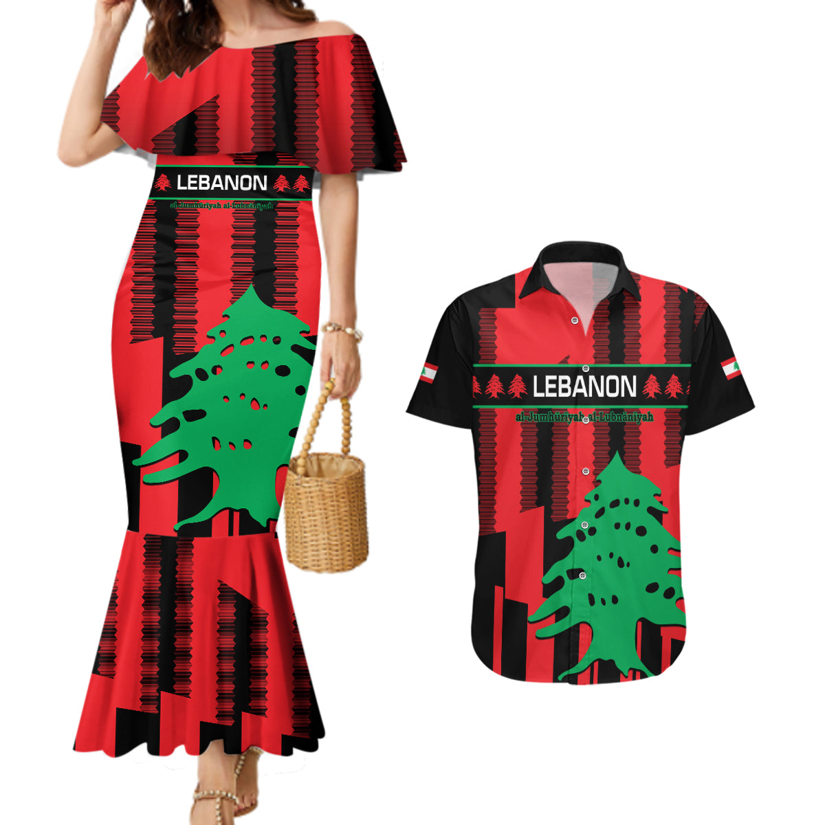 Personalised Lebanon Independence Day Couples Matching Mermaid Dress and Hawaiian Shirt Lebanese Cedar 80 Years Of Anniversary - Wonder Print Shop