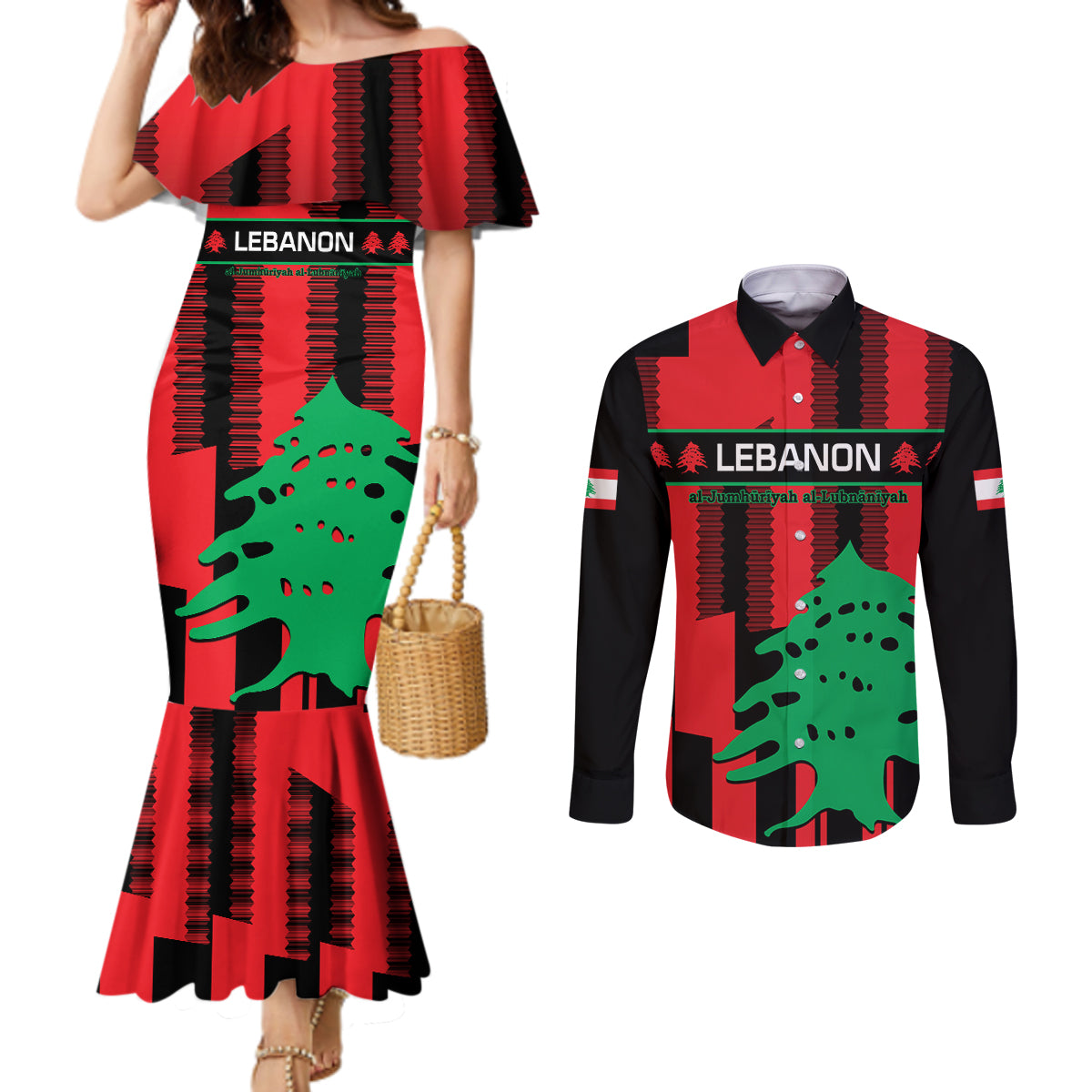 personalised-lebanon-independence-day-couples-matching-mermaid-dress-and-long-sleeve-button-shirts-lebanese-cedar-80-years-of-anniversary