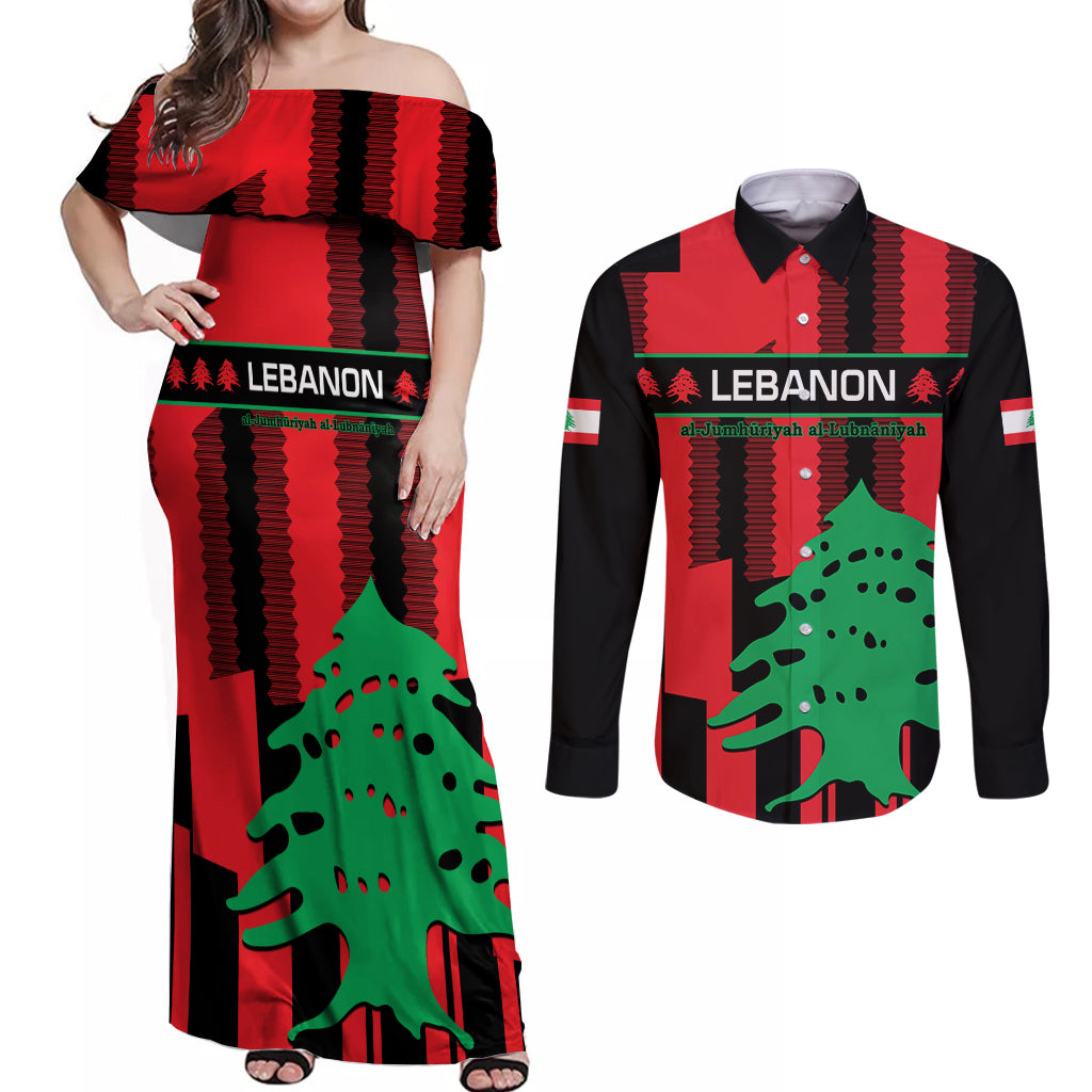 Personalised Lebanon Independence Day Couples Matching Off Shoulder Maxi Dress and Long Sleeve Button Shirts Lebanese Cedar 80 Years Of Anniversary - Wonder Print Shop