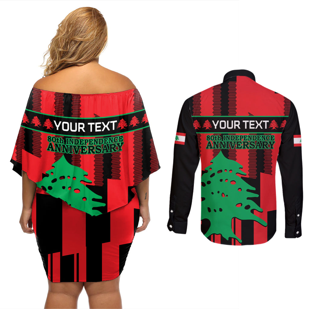 Personalised Lebanon Independence Day Couples Matching Off Shoulder Short Dress and Long Sleeve Button Shirts Lebanese Cedar 80 Years Of Anniversary - Wonder Print Shop