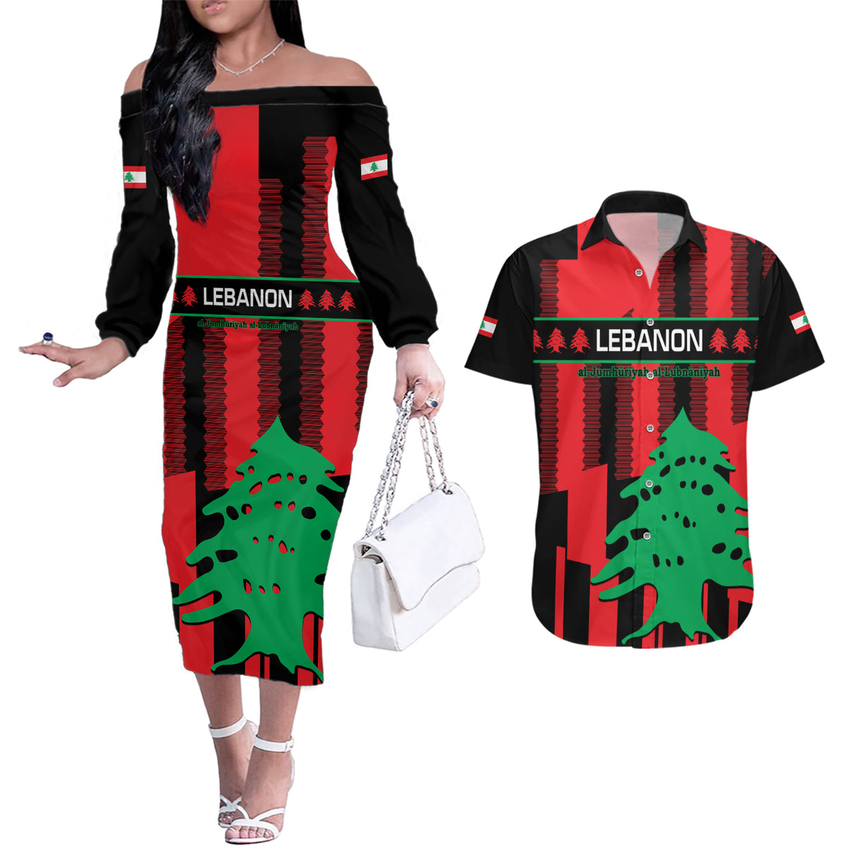 Personalised Lebanon Independence Day Couples Matching Off The Shoulder Long Sleeve Dress and Hawaiian Shirt Lebanese Cedar 80 Years Of Anniversary - Wonder Print Shop
