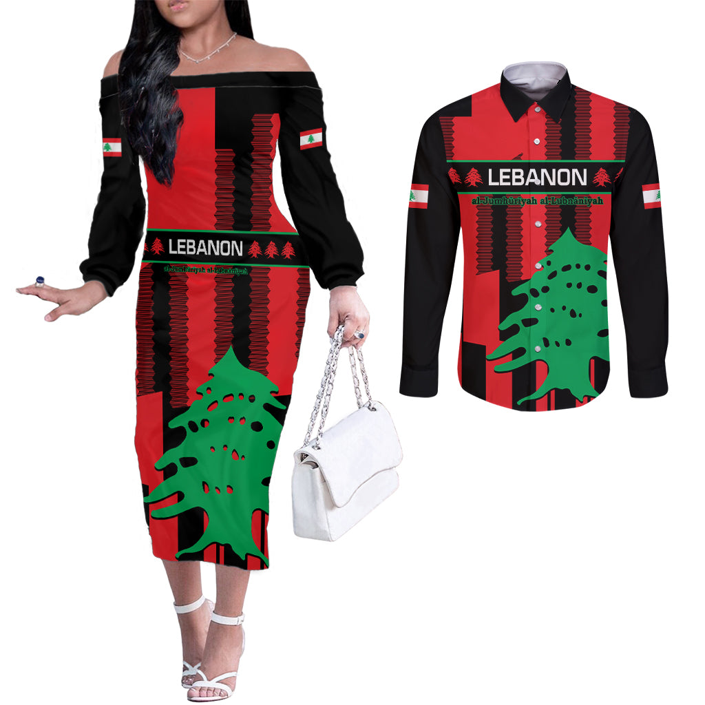personalised-lebanon-independence-day-couples-matching-off-the-shoulder-long-sleeve-dress-and-long-sleeve-button-shirts-lebanese-cedar-80-years-of-anniversary