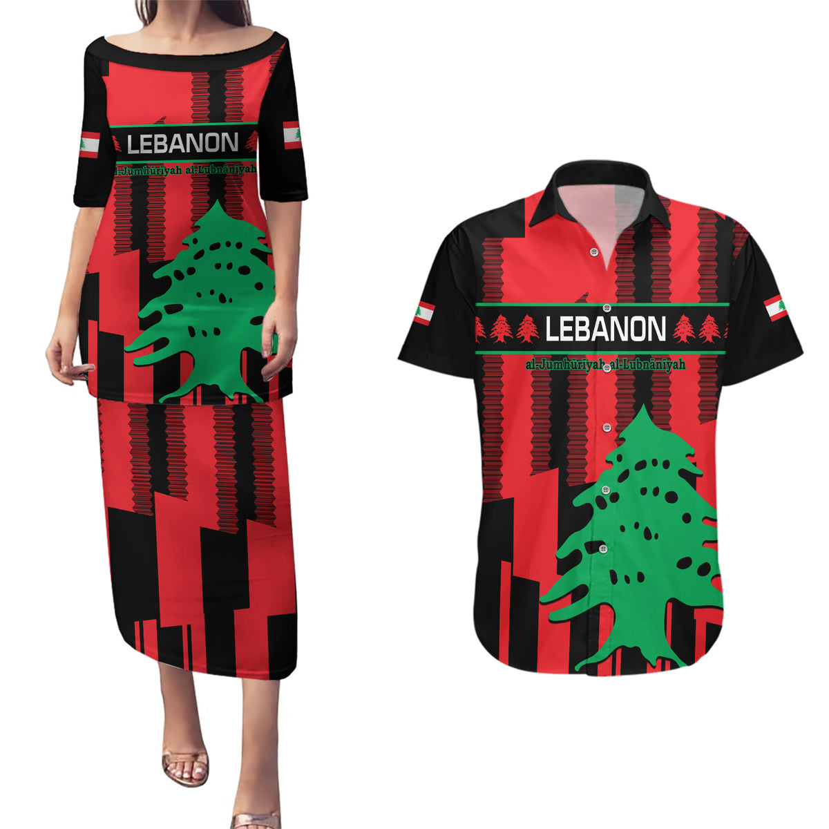Personalised Lebanon Independence Day Couples Matching Puletasi Dress and Hawaiian Shirt Lebanese Cedar 80 Years Of Anniversary - Wonder Print Shop