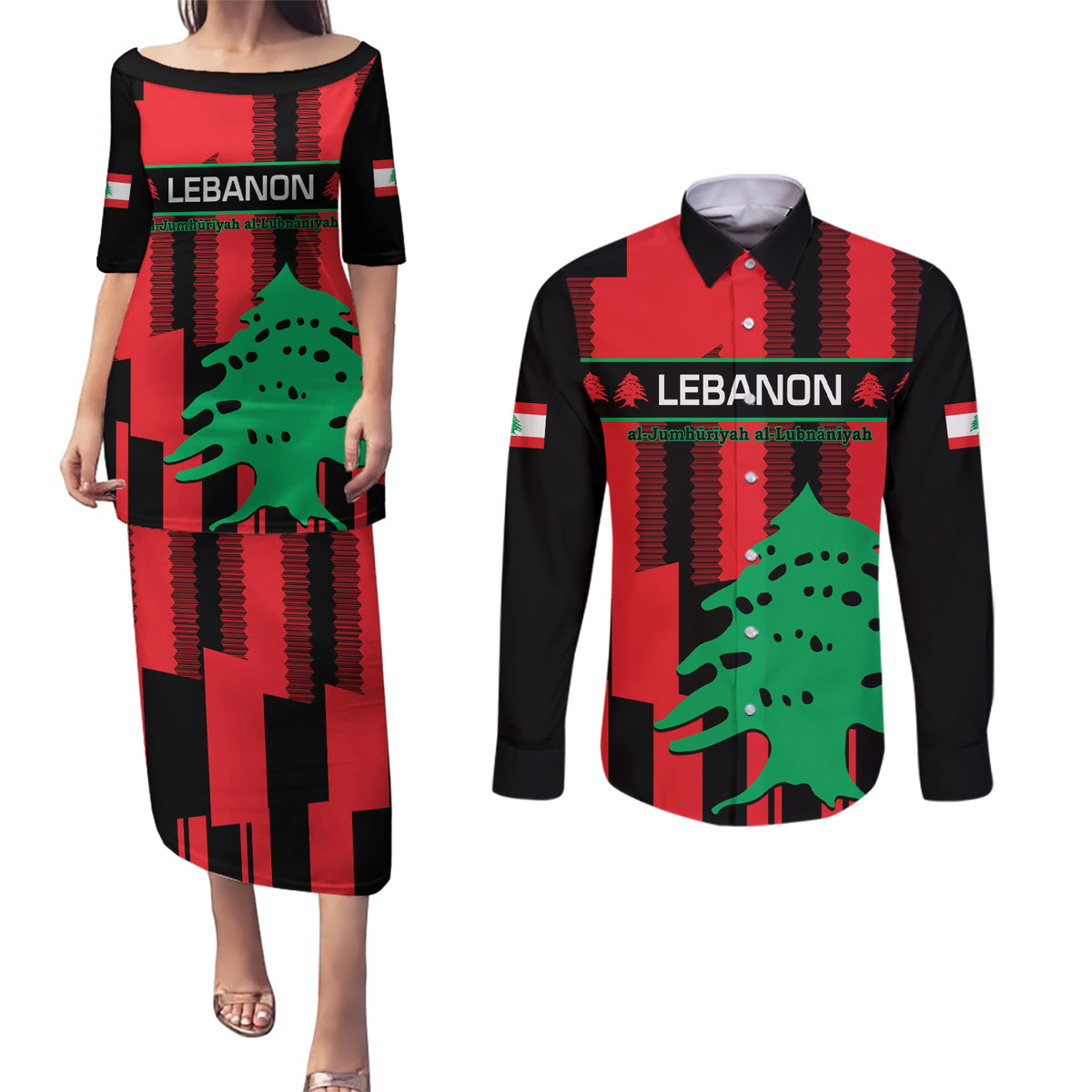 Personalised Lebanon Independence Day Couples Matching Puletasi Dress and Long Sleeve Button Shirts Lebanese Cedar 80 Years Of Anniversary - Wonder Print Shop