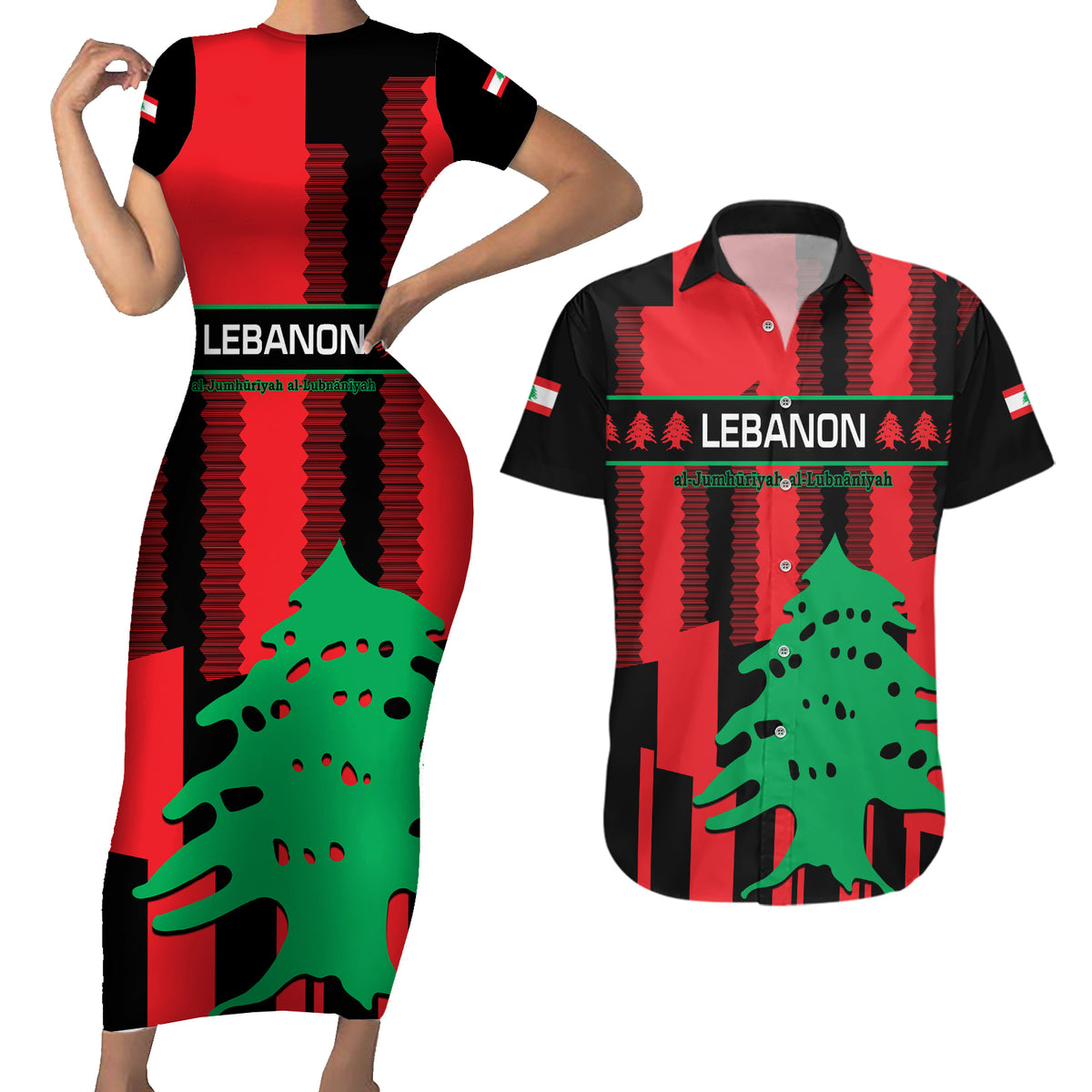 Personalised Lebanon Independence Day Couples Matching Short Sleeve Bodycon Dress and Hawaiian Shirt Lebanese Cedar 80 Years Of Anniversary - Wonder Print Shop