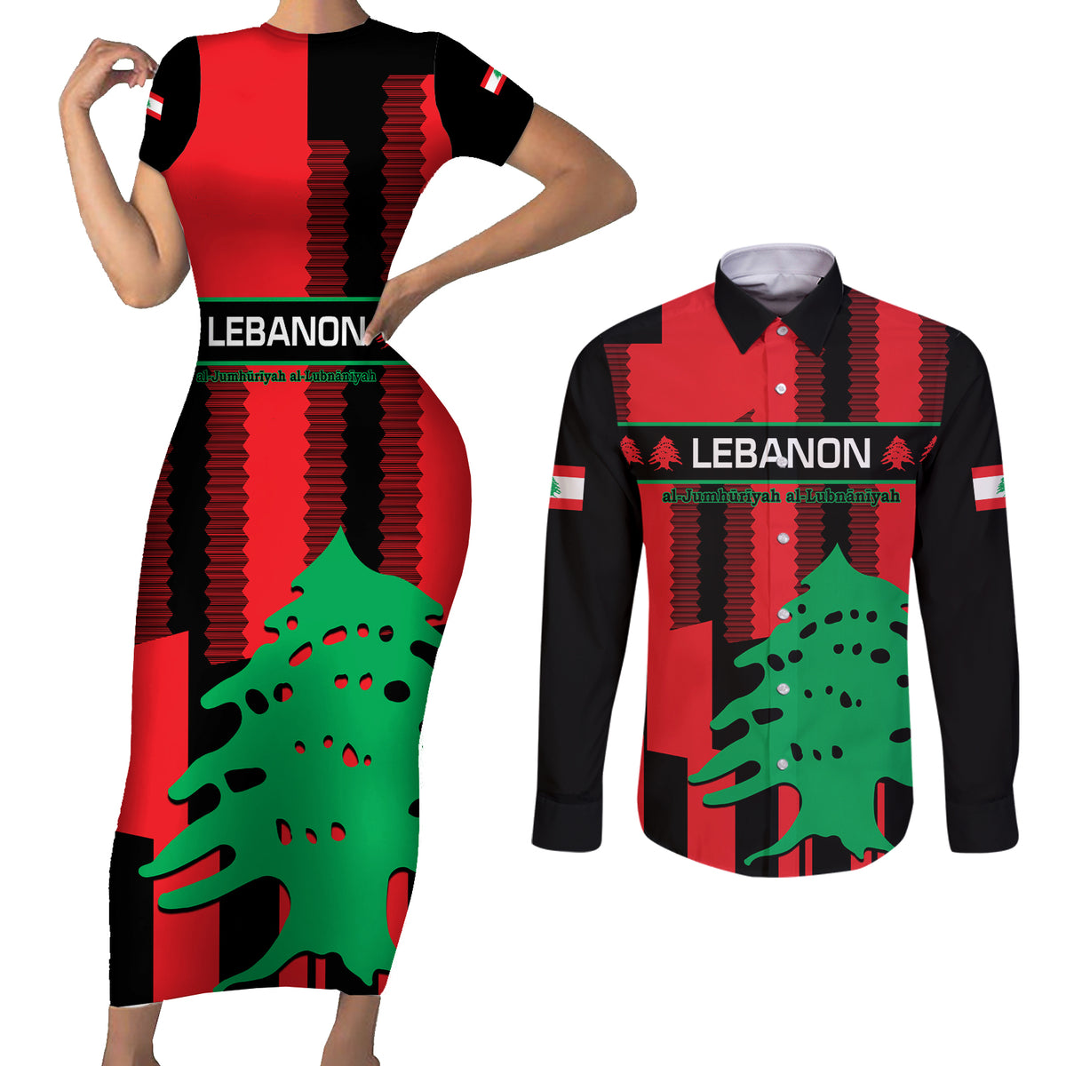 Personalised Lebanon Independence Day Couples Matching Short Sleeve Bodycon Dress and Long Sleeve Button Shirts Lebanese Cedar 80 Years Of Anniversary - Wonder Print Shop