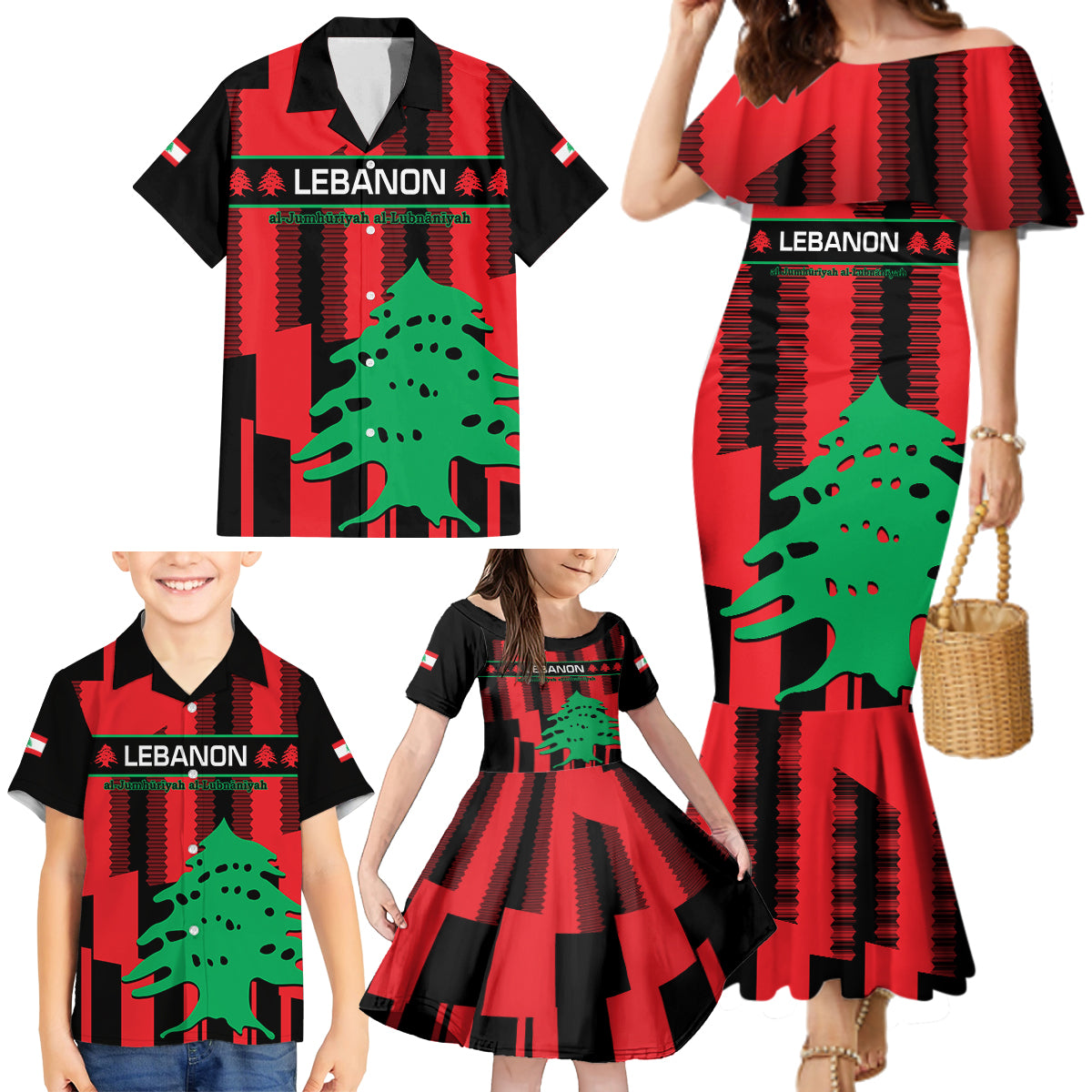 Personalised Lebanon Independence Day Family Matching Mermaid Dress and Hawaiian Shirt Lebanese Cedar 80 Years Of Anniversary - Wonder Print Shop