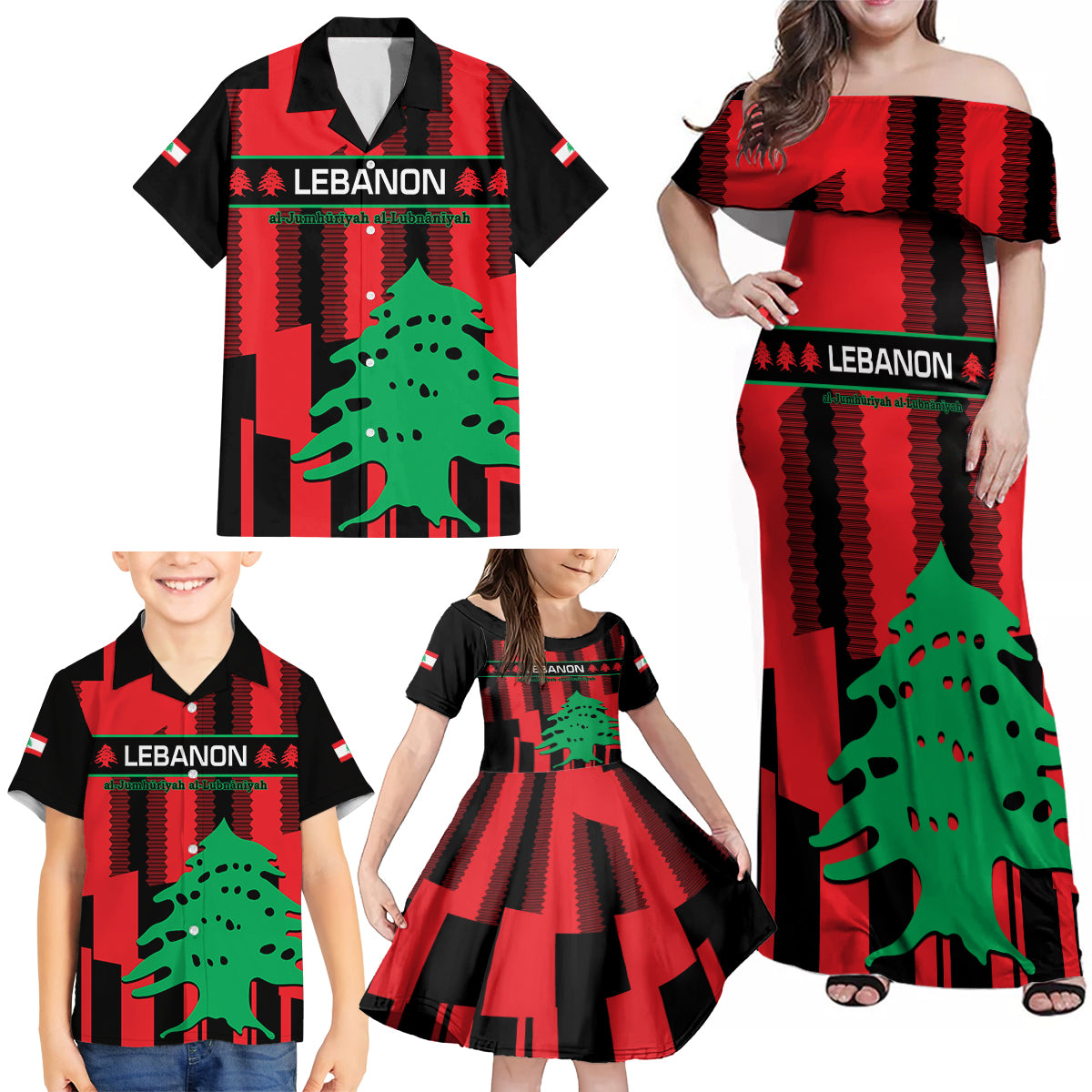 Personalised Lebanon Independence Day Family Matching Off Shoulder Maxi Dress and Hawaiian Shirt Lebanese Cedar 80 Years Of Anniversary - Wonder Print Shop