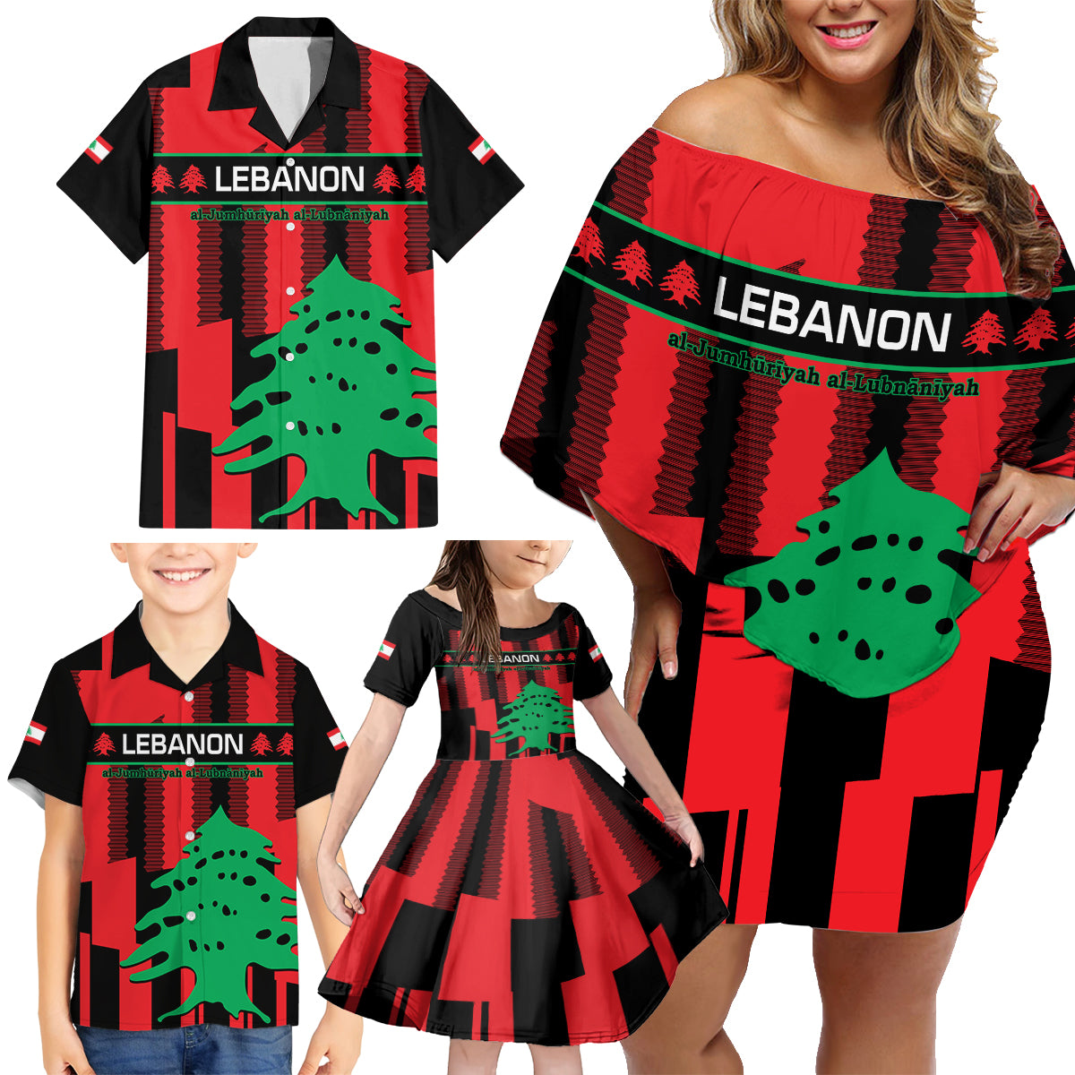 Personalised Lebanon Independence Day Family Matching Off Shoulder Short Dress and Hawaiian Shirt Lebanese Cedar 80 Years Of Anniversary - Wonder Print Shop