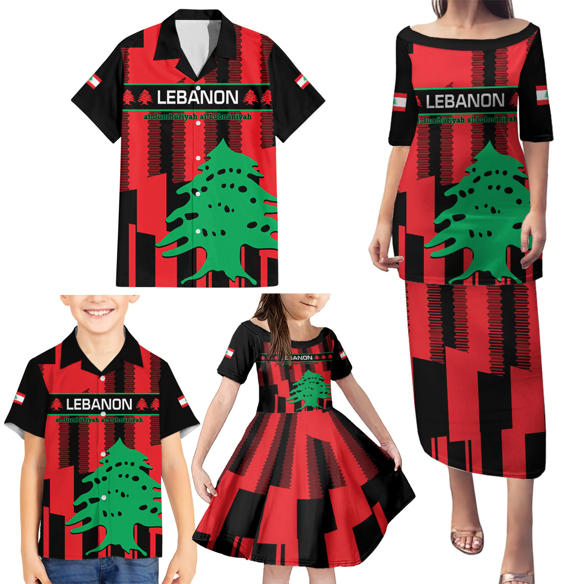 Personalised Lebanon Independence Day Family Matching Puletasi Dress and Hawaiian Shirt Lebanese Cedar 80 Years Of Anniversary - Wonder Print Shop