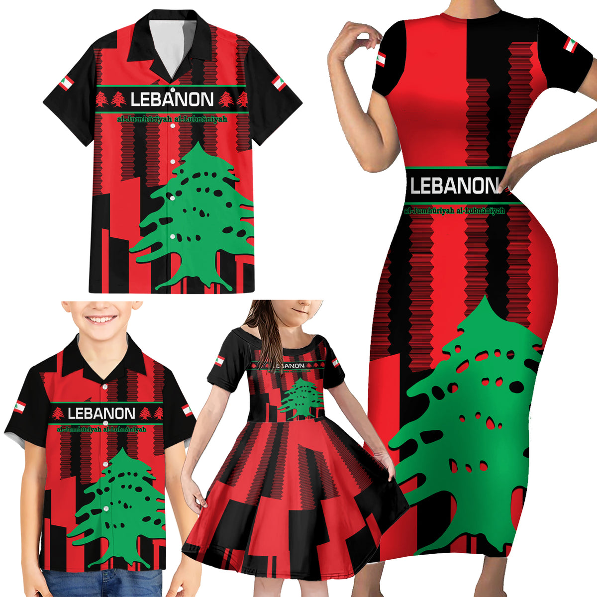Personalised Lebanon Independence Day Family Matching Short Sleeve Bodycon Dress and Hawaiian Shirt Lebanese Cedar 80 Years Of Anniversary - Wonder Print Shop