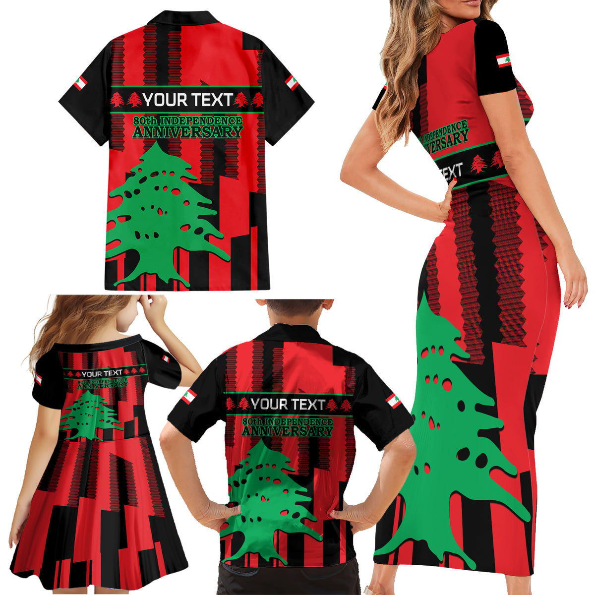 Personalised Lebanon Independence Day Family Matching Short Sleeve Bodycon Dress and Hawaiian Shirt Lebanese Cedar 80 Years Of Anniversary - Wonder Print Shop