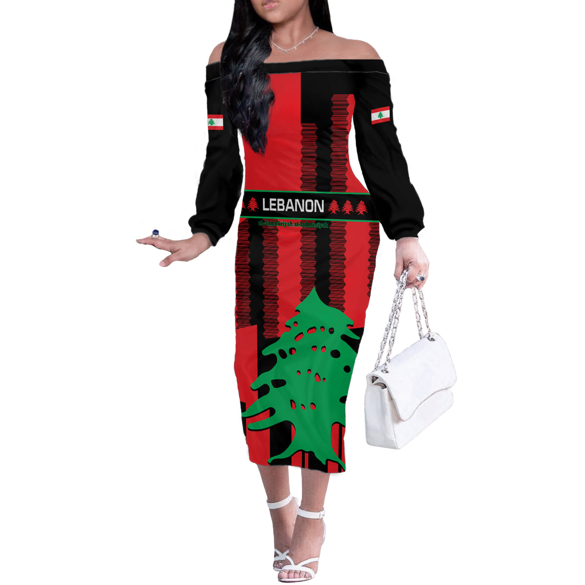 Personalised Lebanon Independence Day Off The Shoulder Long Sleeve Dress Lebanese Cedar 80 Years Of Anniversary - Wonder Print Shop