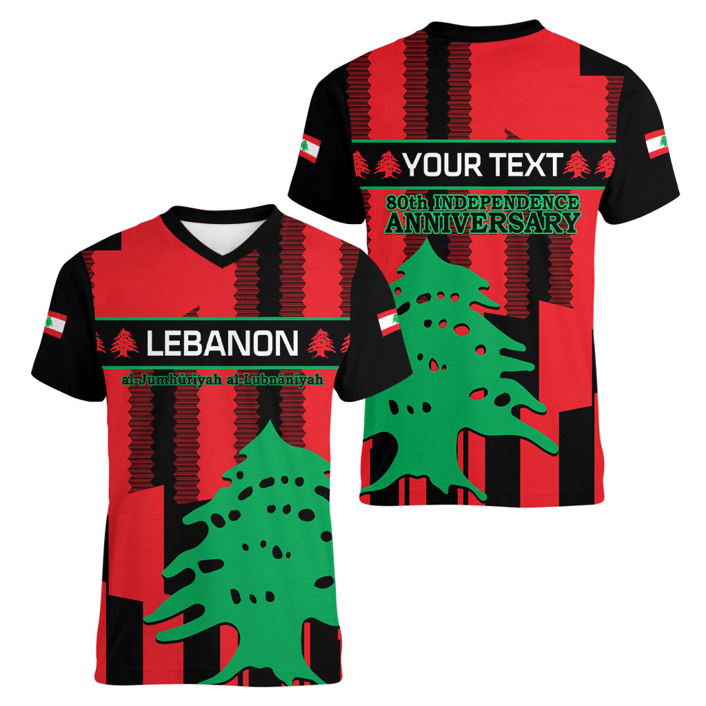 Personalised Lebanon Independence Day Women V Neck T Shirt Lebanese Cedar 80 Years Of Anniversary - Wonder Print Shop