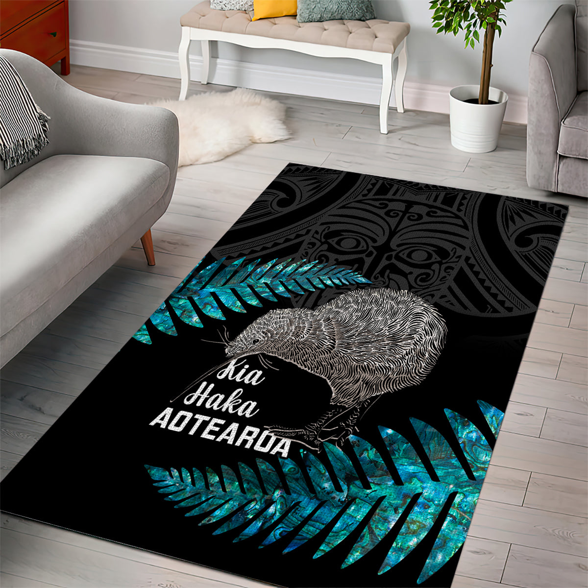 New Zealand Silver Fern Rugby Area Rug Pacific 2023 Kia Haka Kiwis With Maori Ta Moko - Wonder Print Shop
