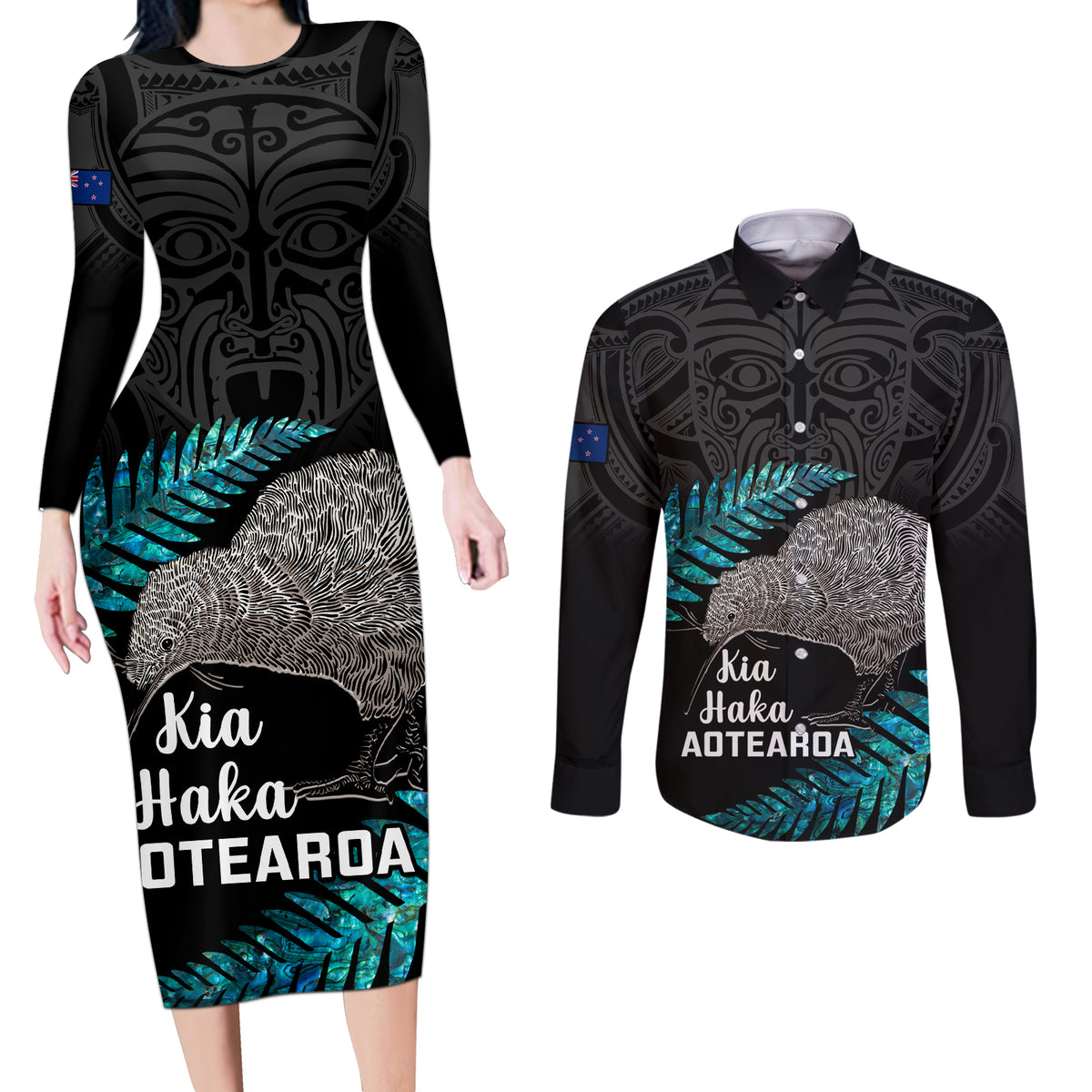 Custom New Zealand Silver Fern Rugby Couples Matching Long Sleeve Bodycon Dress and Long Sleeve Button Shirts Pacific 2023 Kia Haka Kiwis With Maori Ta Moko - Wonder Print Shop