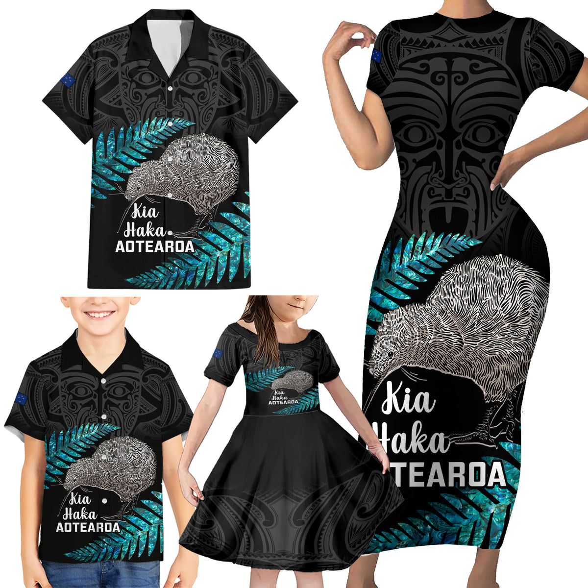 Custom New Zealand Silver Fern Rugby Family Matching Short Sleeve Bodycon Dress and Hawaiian Shirt Pacific 2023 Kia Haka Kiwis With Maori Ta Moko - Wonder Print Shop