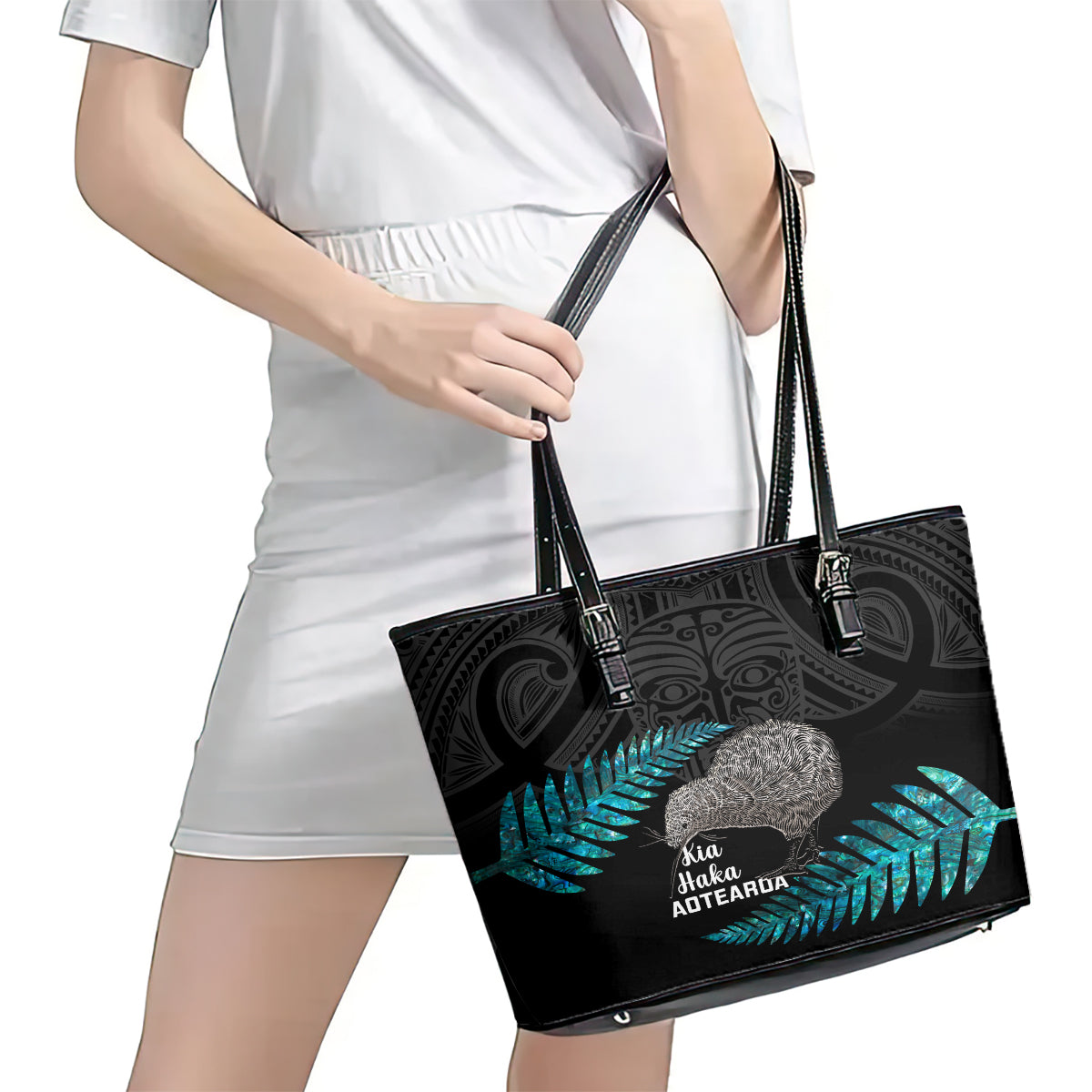 New Zealand Silver Fern Rugby Leather Tote Bag Pacific 2023 Kia Haka Kiwis With Maori Ta Moko - Wonder Print Shop