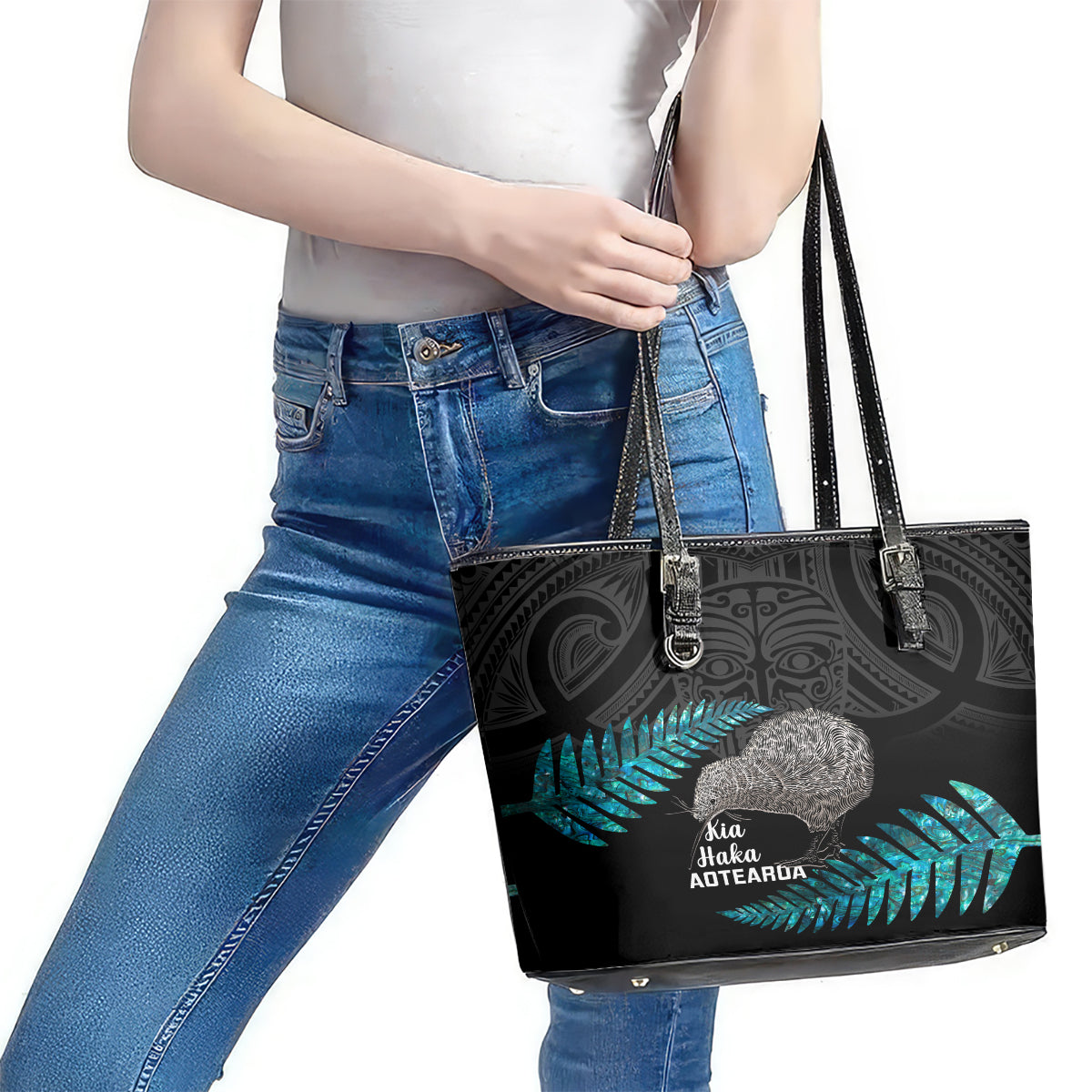 New Zealand Silver Fern Rugby Leather Tote Bag Pacific 2023 Kia Haka Kiwis With Maori Ta Moko - Wonder Print Shop