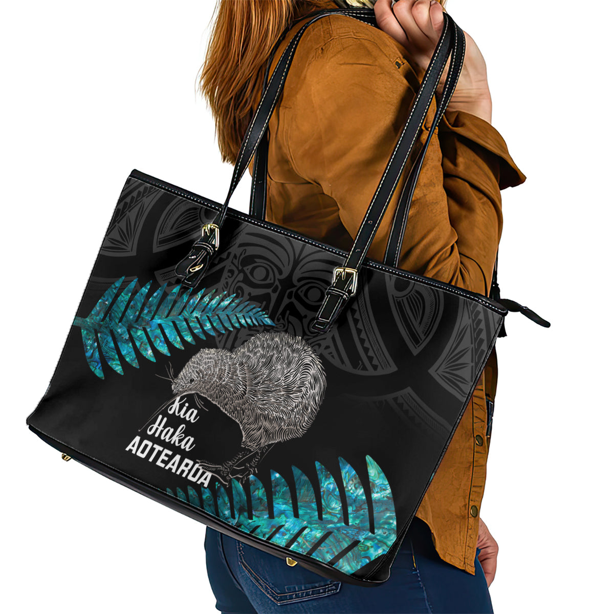 New Zealand Silver Fern Rugby Leather Tote Bag Pacific 2023 Kia Haka Kiwis With Maori Ta Moko - Wonder Print Shop