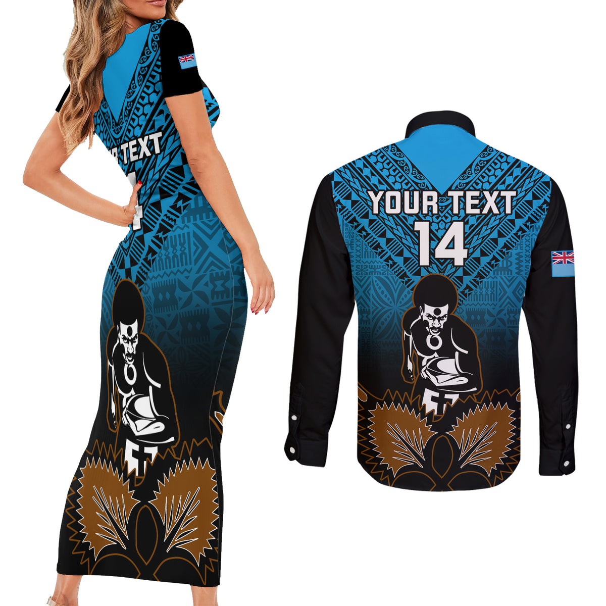 Custom Fiji Tapa Rugby Couples Matching Short Sleeve Bodycon Dress and Long Sleeve Button Shirts Pacific 2023 Go Fijian Bati - Wonder Print Shop