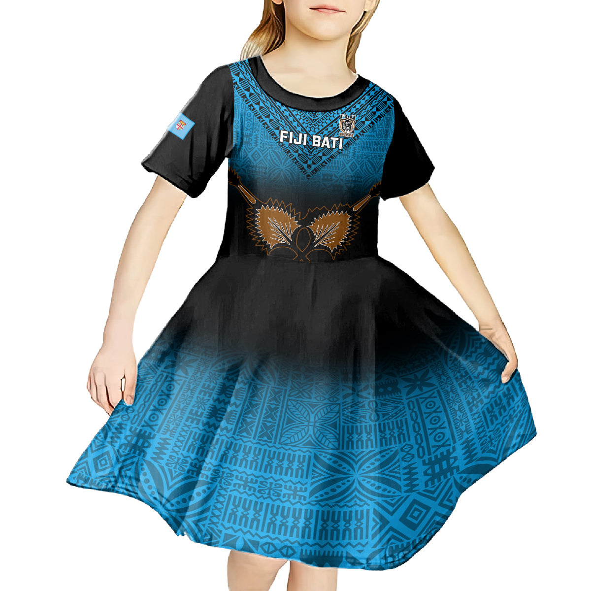 Custom Fiji Tapa Rugby Kid Short Sleeve Dress Pacific 2023 Go Fijian Bati - Wonder Print Shop
