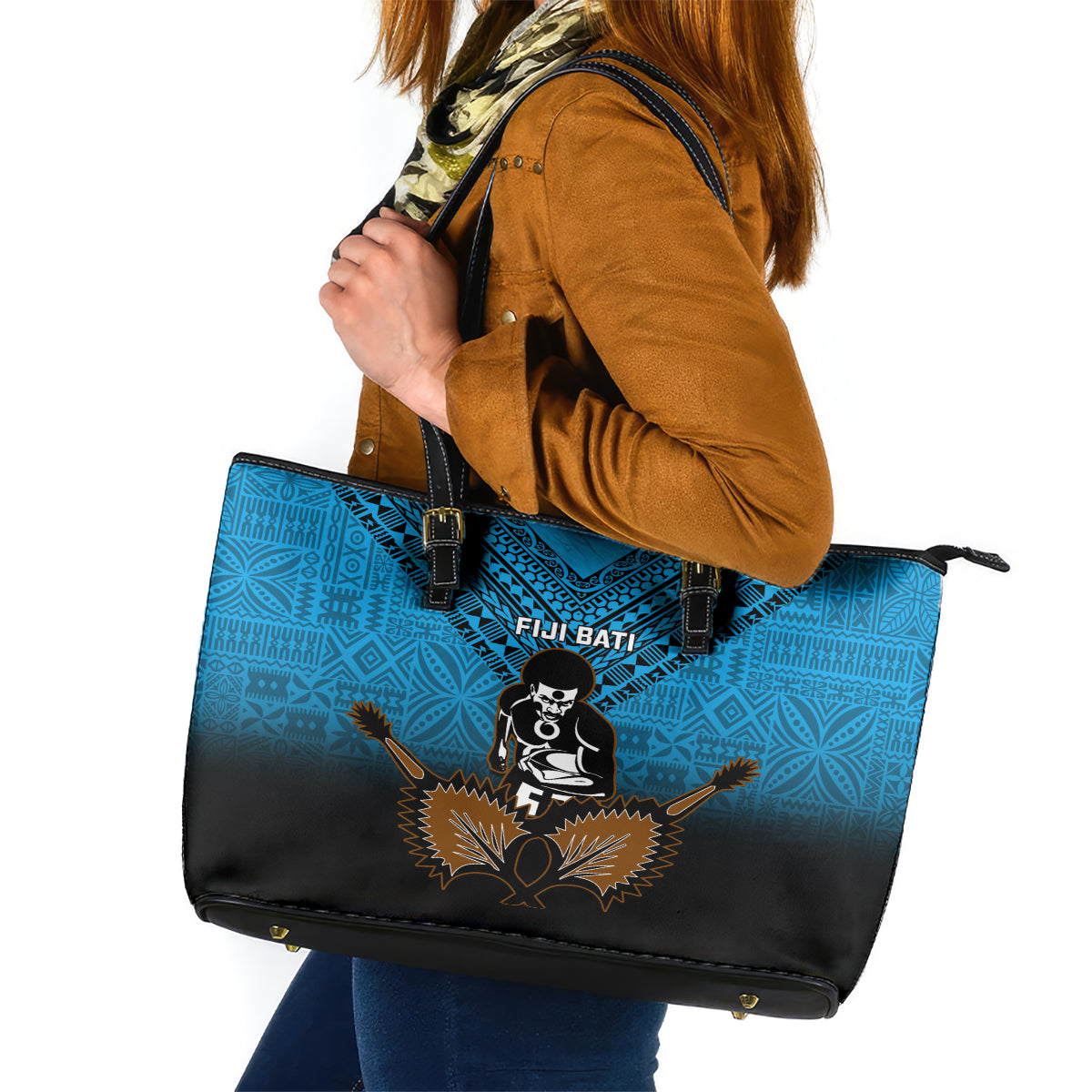 Fiji Tapa Rugby Leather Tote Bag Pacific 2023 Go Fijian Bati - Wonder Print Shop
