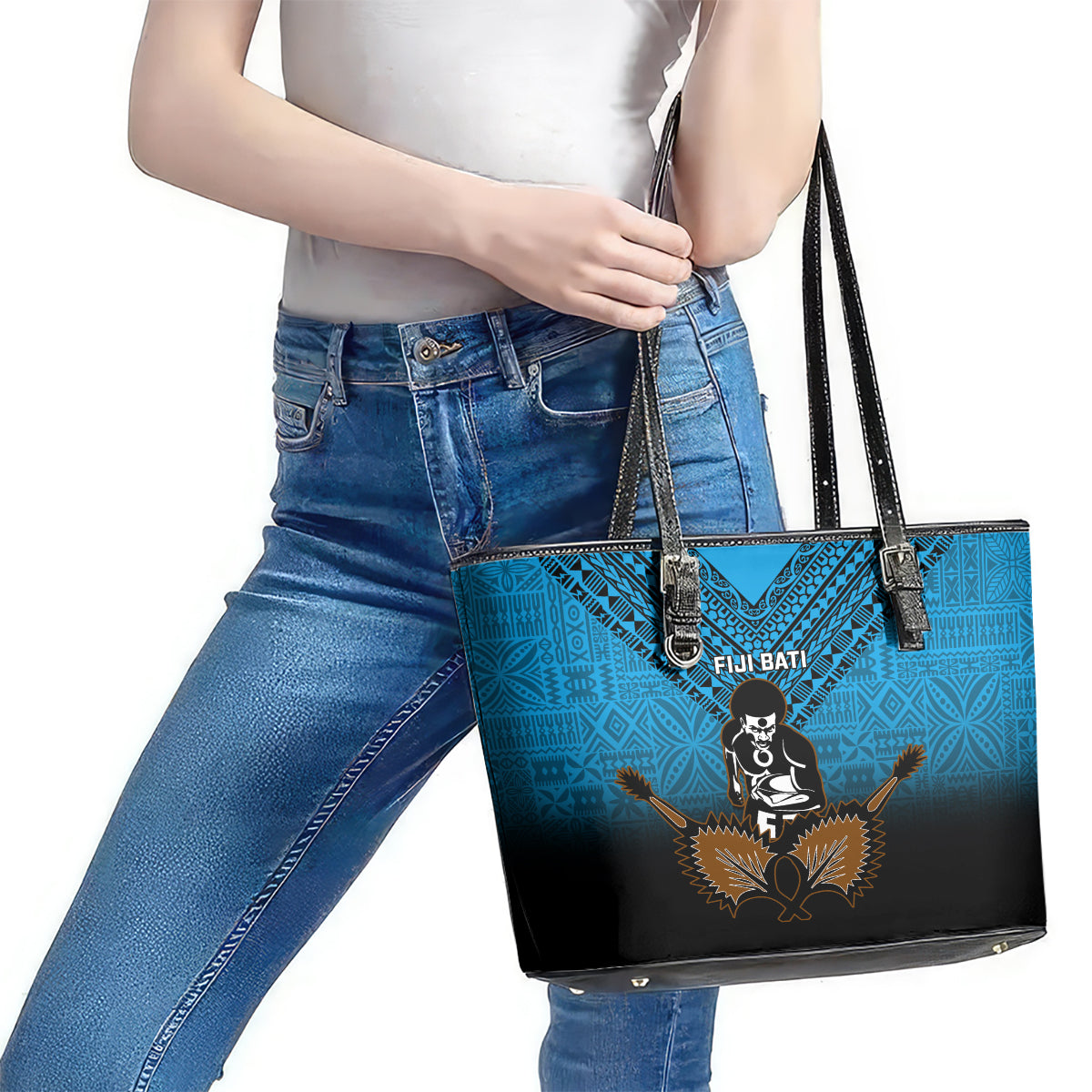 Fiji Tapa Rugby Leather Tote Bag Pacific 2023 Go Fijian Bati - Wonder Print Shop