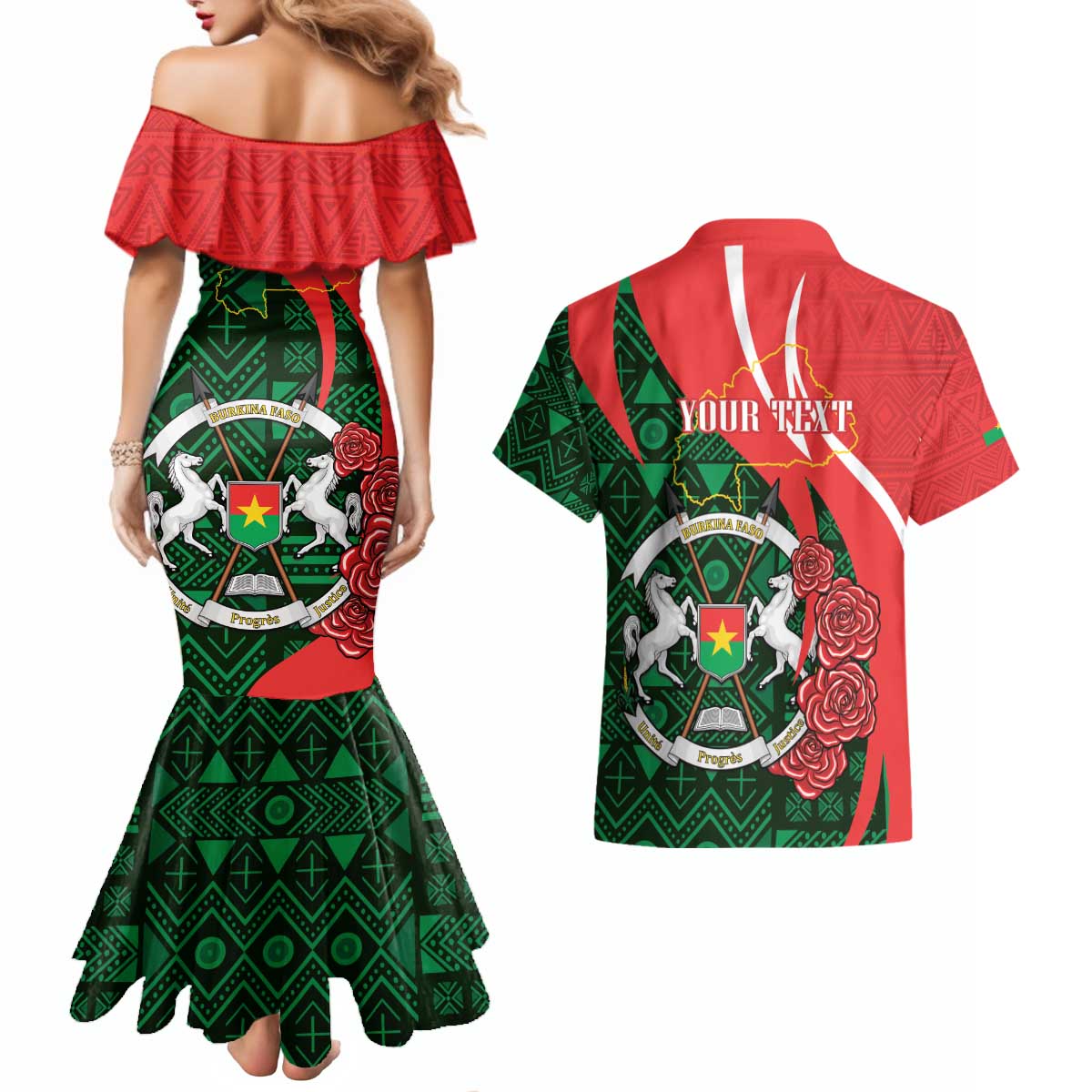Personalised Burkina Faso Republic Day Couples Matching Mermaid Dress and Hawaiian Shirt Happy 66th Anniversary - Bogolan Pattern - Wonder Print Shop