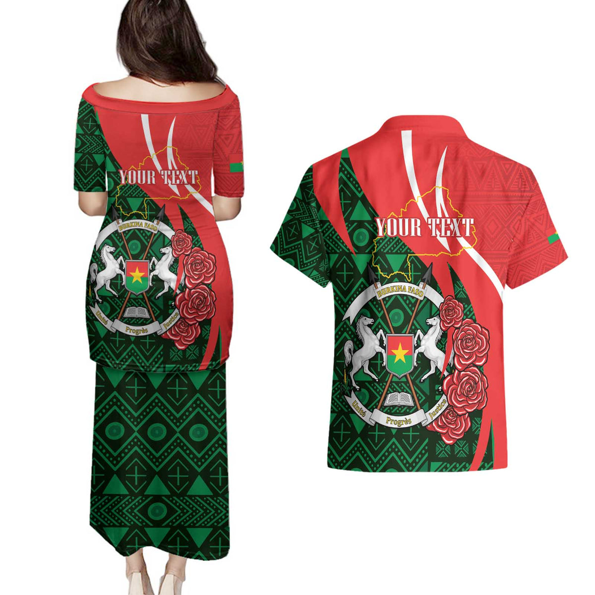 Personalised Burkina Faso Republic Day Couples Matching Puletasi and Hawaiian Shirt Happy 66th Anniversary - Bogolan Pattern - Wonder Print Shop