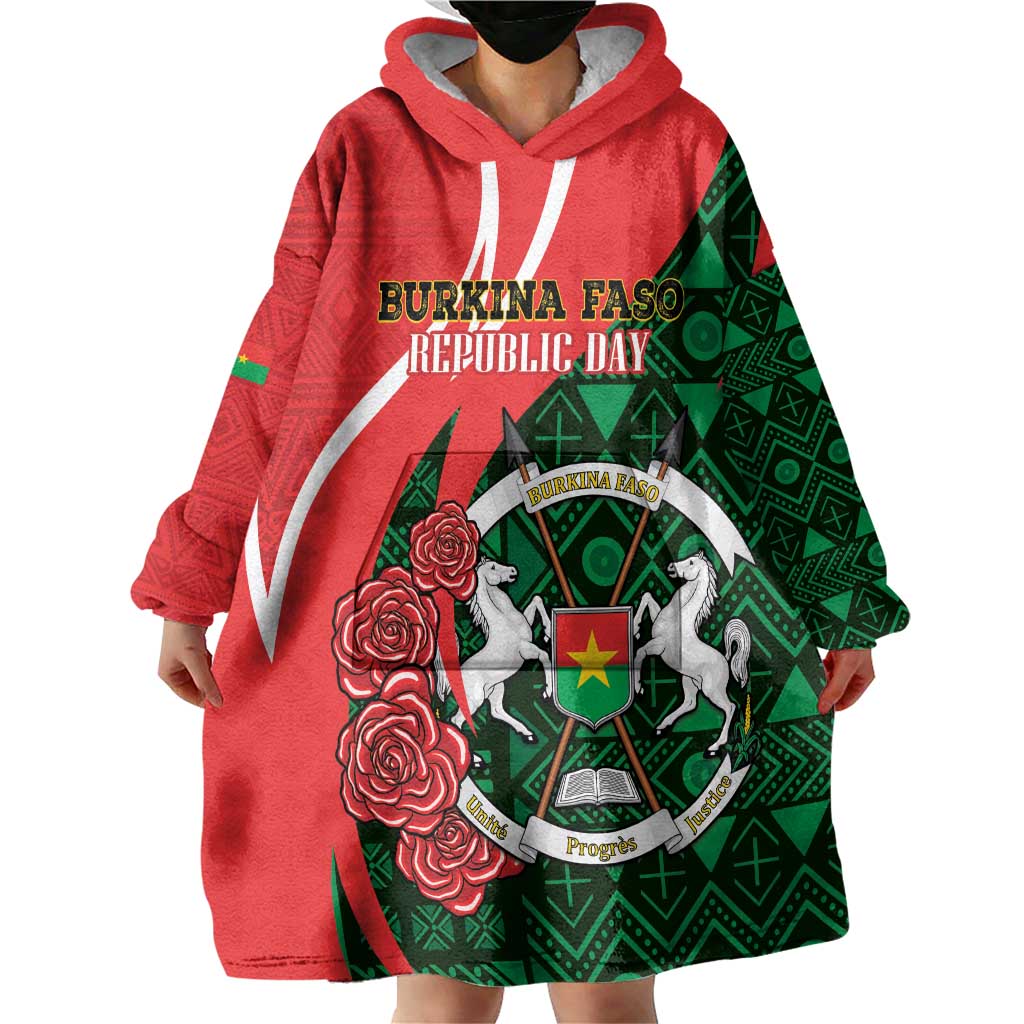 Personalised Burkina Faso Republic Day Wearable Blanket Hoodie Happy 66th Anniversary - Bogolan Pattern - Wonder Print Shop