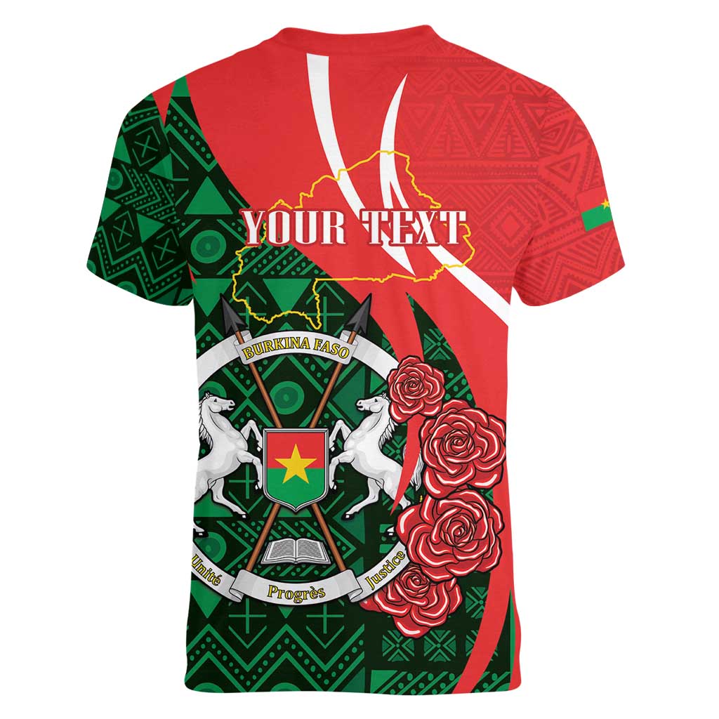 Personalised Burkina Faso Republic Day Women V-Neck T-Shirt Happy 66th Anniversary - Bogolan Pattern - Wonder Print Shop
