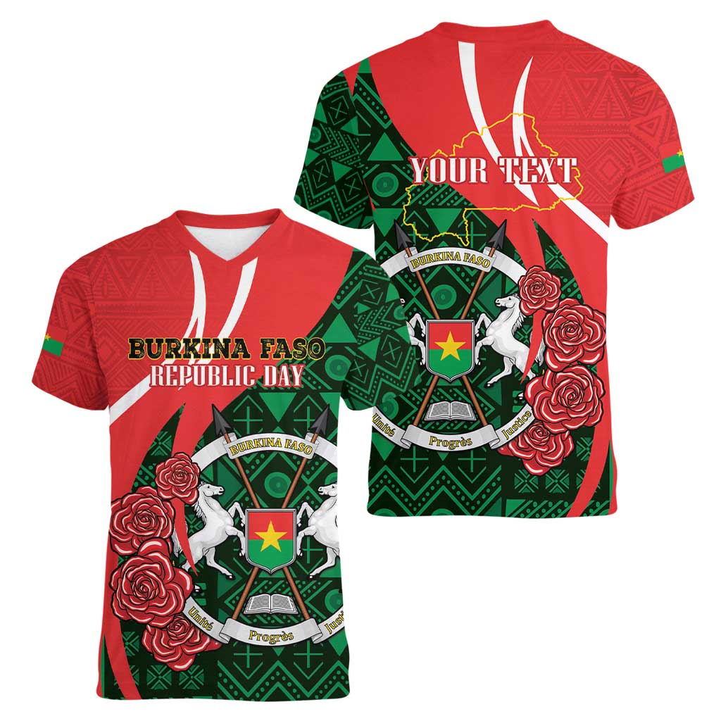 Personalised Burkina Faso Republic Day Women V-Neck T-Shirt Happy 66th Anniversary - Bogolan Pattern - Wonder Print Shop