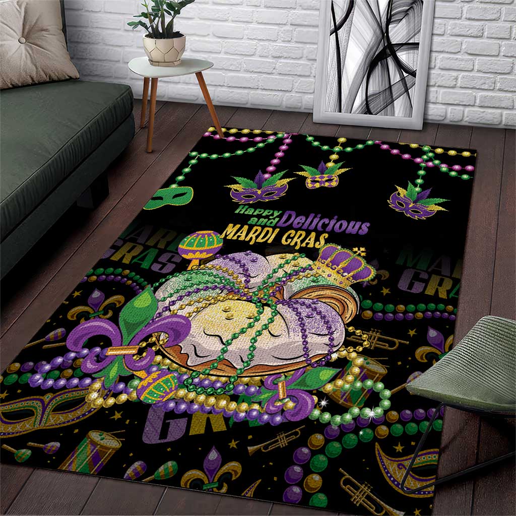 Happy And Delicious Mardi Gras Area Rug King Cake And Luxury Beadeds - Wonder Print Shop