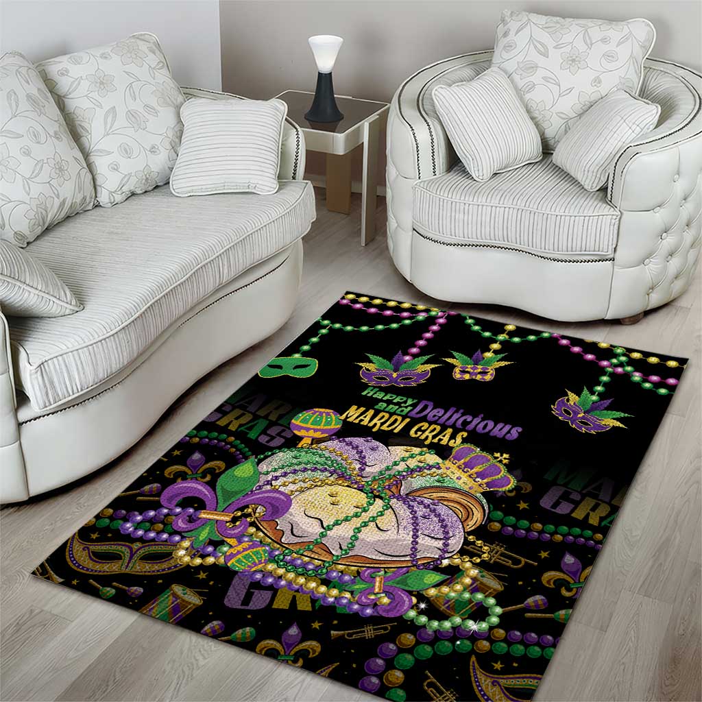 Happy And Delicious Mardi Gras Area Rug King Cake And Luxury Beadeds - Wonder Print Shop