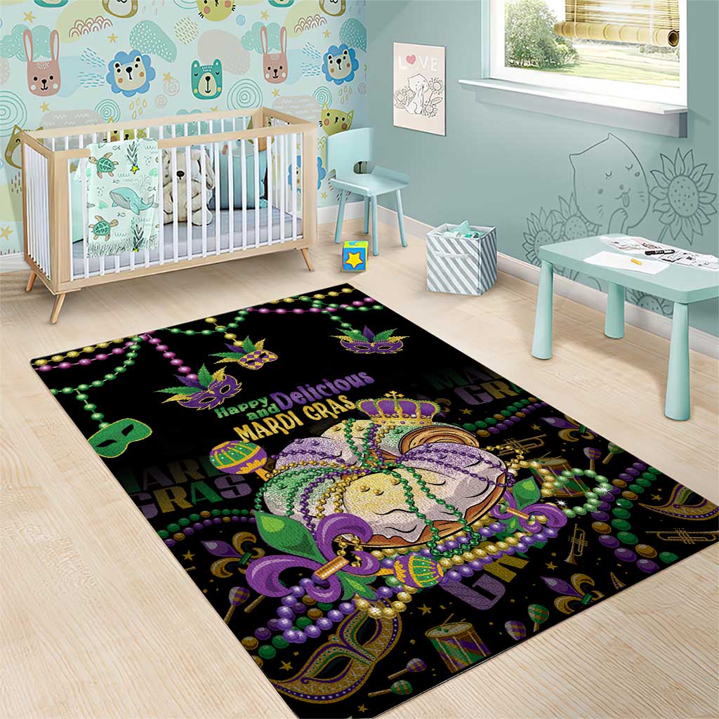 Happy And Delicious Mardi Gras Area Rug King Cake And Luxury Beadeds - Wonder Print Shop