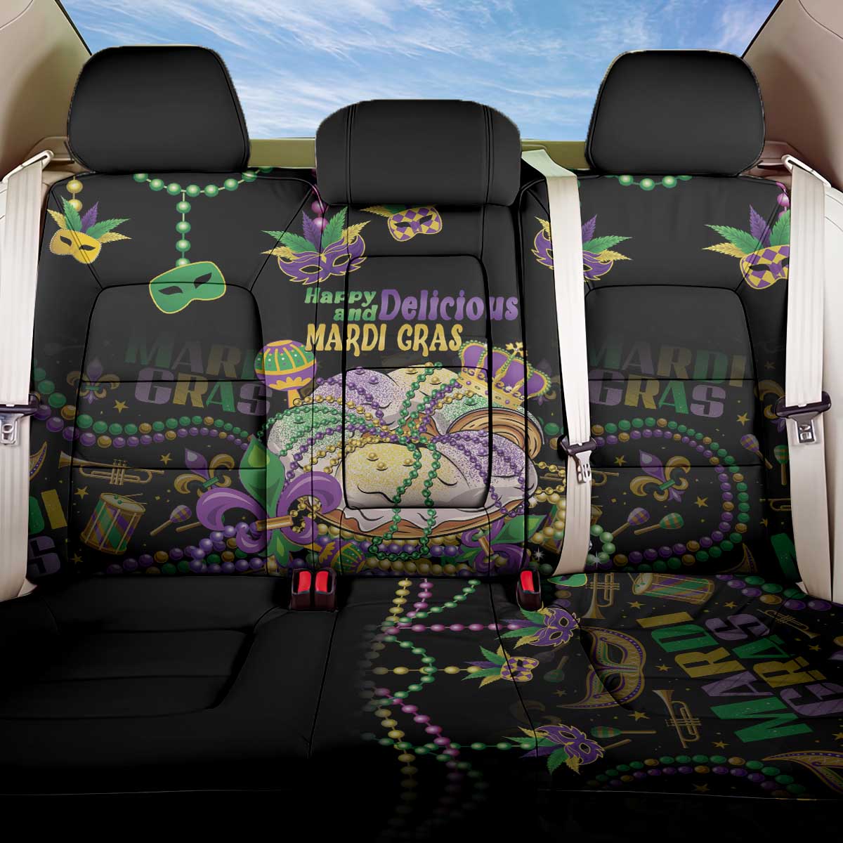 Happy And Delicious Mardi Gras Back Car Seat Cover King Cake And Luxury Beadeds - Wonder Print Shop