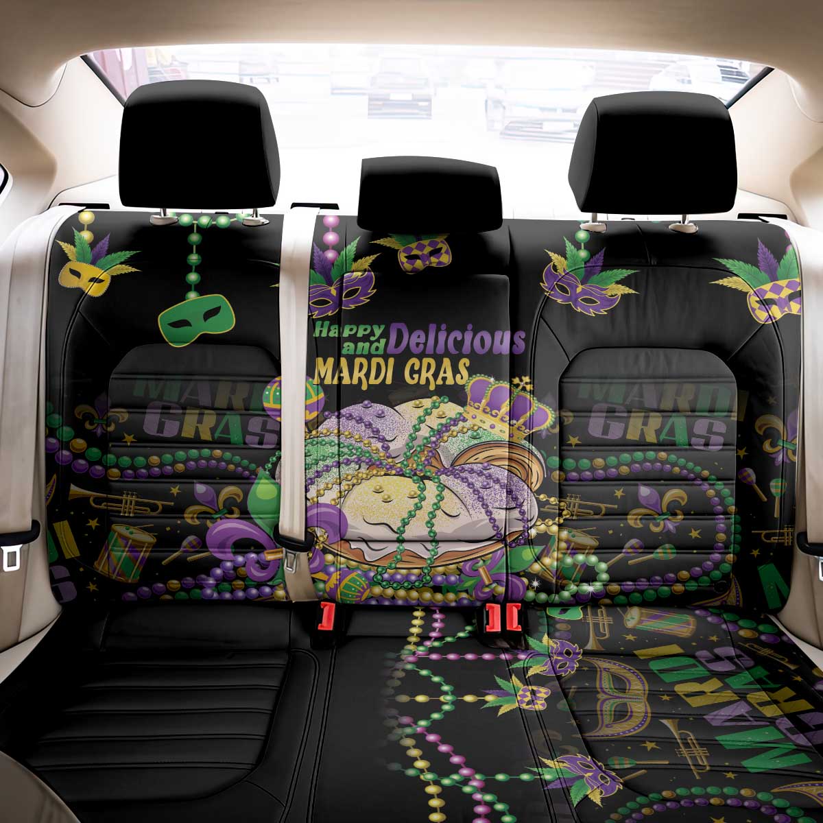 Happy And Delicious Mardi Gras Back Car Seat Cover King Cake And Luxury Beadeds - Wonder Print Shop
