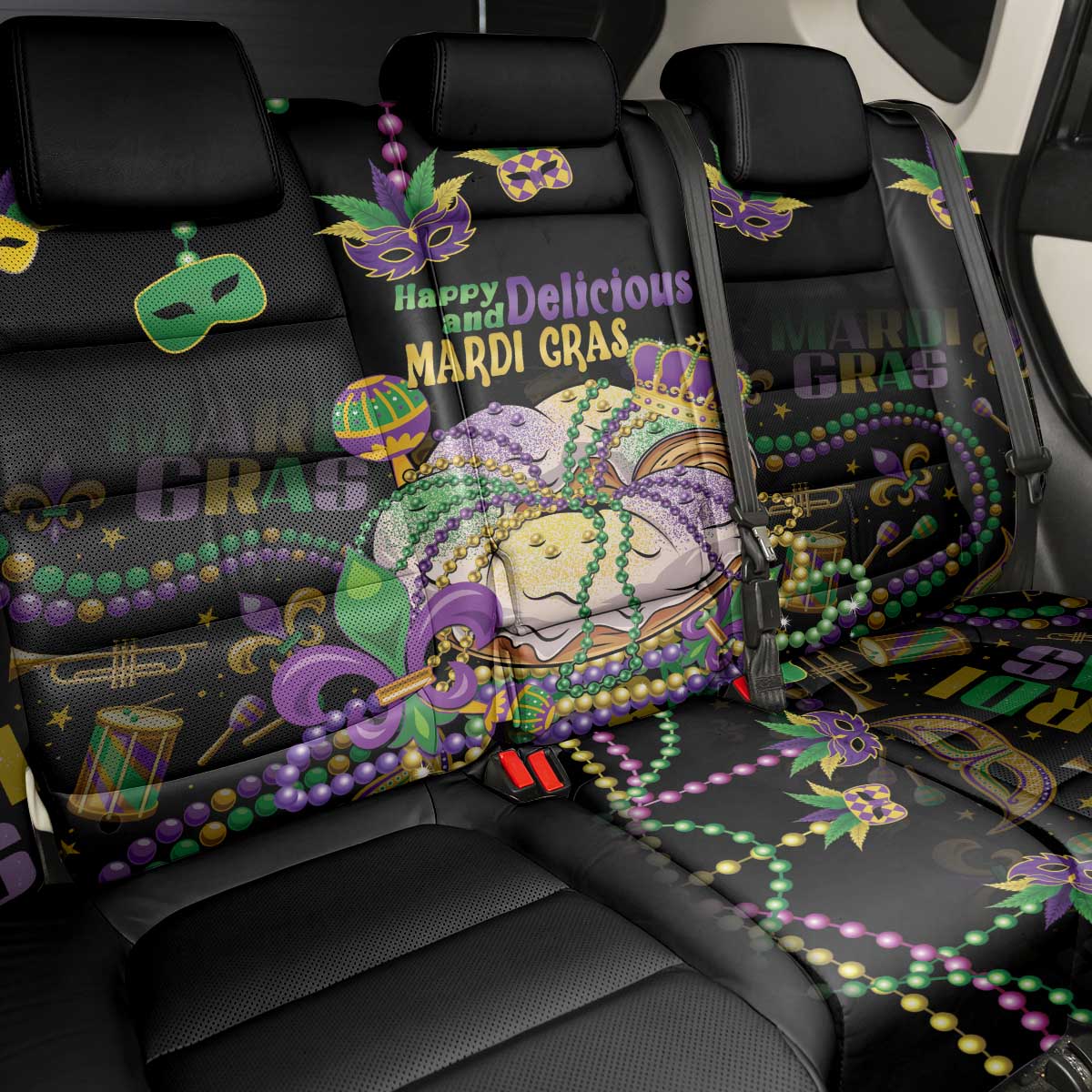 Happy And Delicious Mardi Gras Back Car Seat Cover King Cake And Luxury Beadeds - Wonder Print Shop