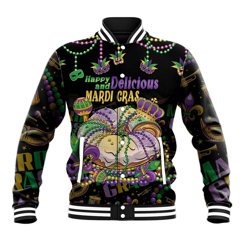 Happy And Delicious Mardi Gras Baseball Jacket King Cake And Luxury Beadeds - Wonder Print Shop