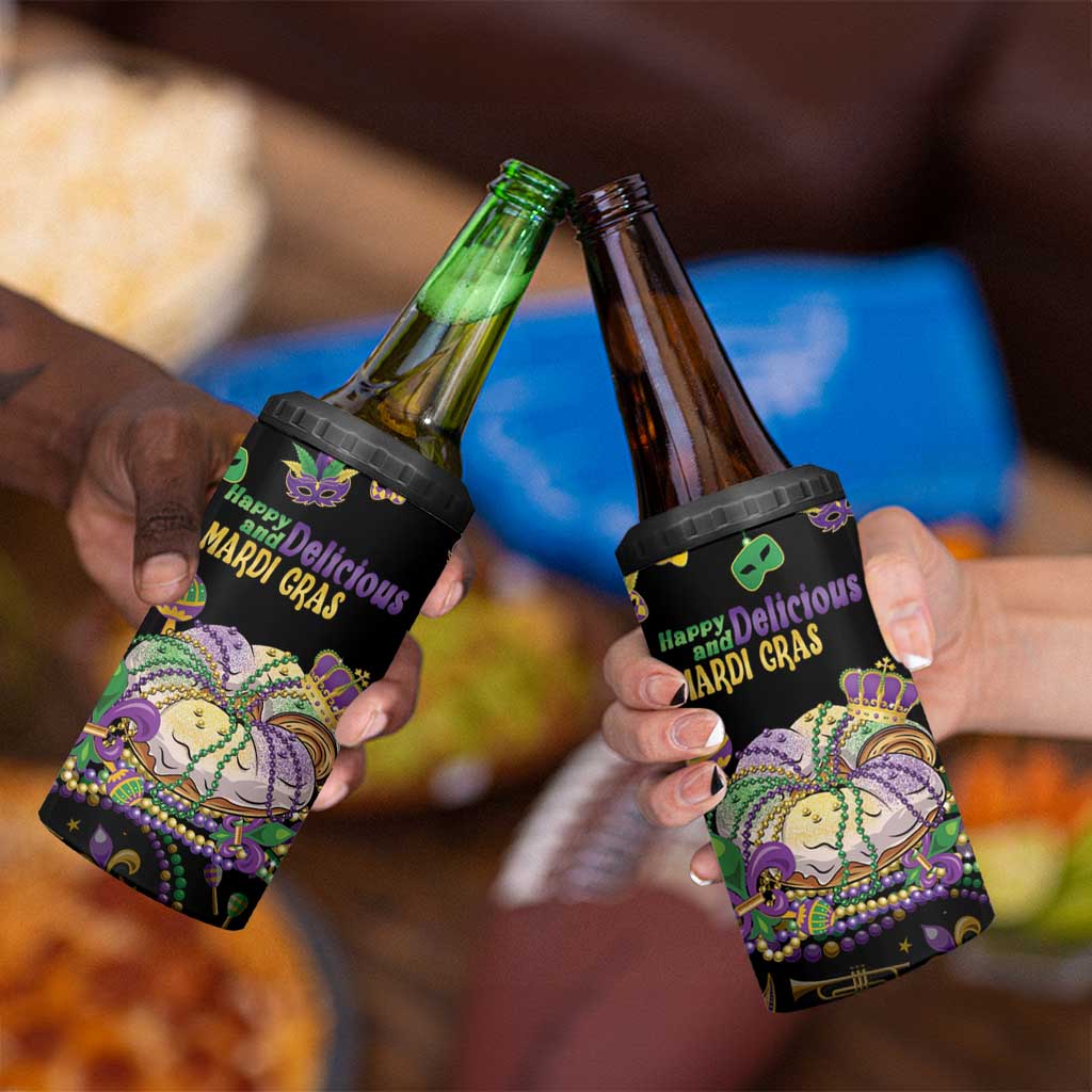Happy And Delicious Mardi Gras 4 in 1 Can Cooler Tumbler King Cake And Luxury Beadeds - Wonder Print Shop