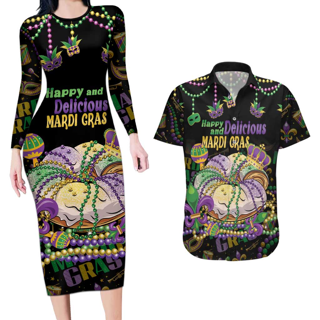 Happy And Delicious Mardi Gras Couples Matching Long Sleeve Bodycon Dress and Hawaiian Shirt King Cake And Luxury Beadeds - Wonder Print Shop