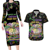 Happy And Delicious Mardi Gras Couples Matching Long Sleeve Bodycon Dress and Hawaiian Shirt King Cake And Luxury Beadeds - Wonder Print Shop