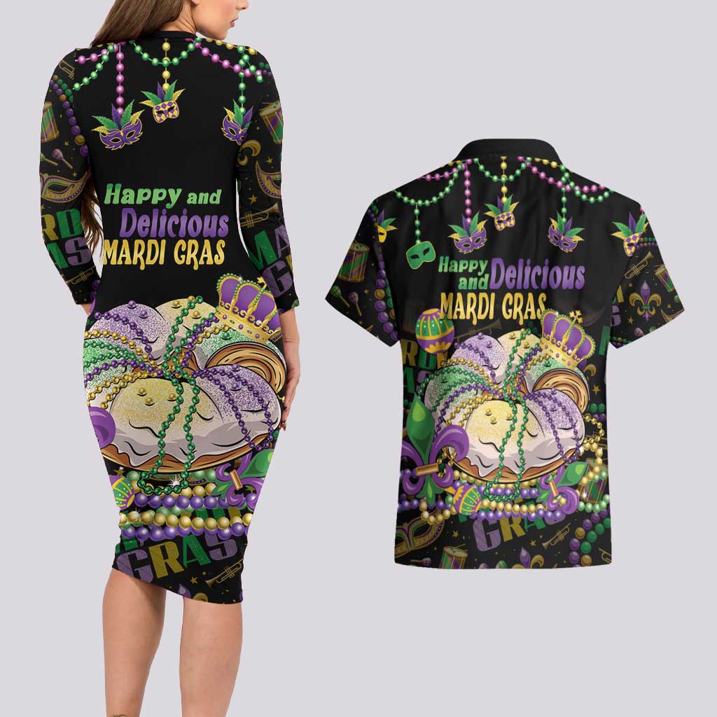 Happy And Delicious Mardi Gras Couples Matching Long Sleeve Bodycon Dress and Hawaiian Shirt King Cake And Luxury Beadeds - Wonder Print Shop