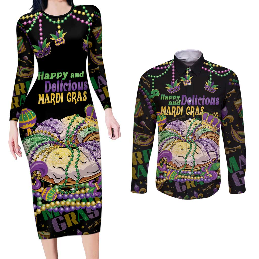 Happy And Delicious Mardi Gras Couples Matching Long Sleeve Bodycon Dress and Long Sleeve Button Shirt King Cake And Luxury Beadeds - Wonder Print Shop