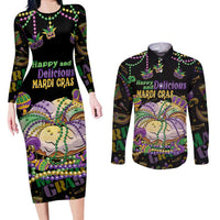 Happy And Delicious Mardi Gras Couples Matching Long Sleeve Bodycon Dress and Long Sleeve Button Shirt King Cake And Luxury Beadeds - Wonder Print Shop