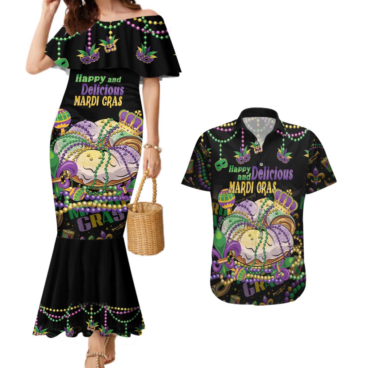 Happy And Delicious Mardi Gras Couples Matching Mermaid Dress and Hawaiian Shirt King Cake And Luxury Beadeds - Wonder Print Shop